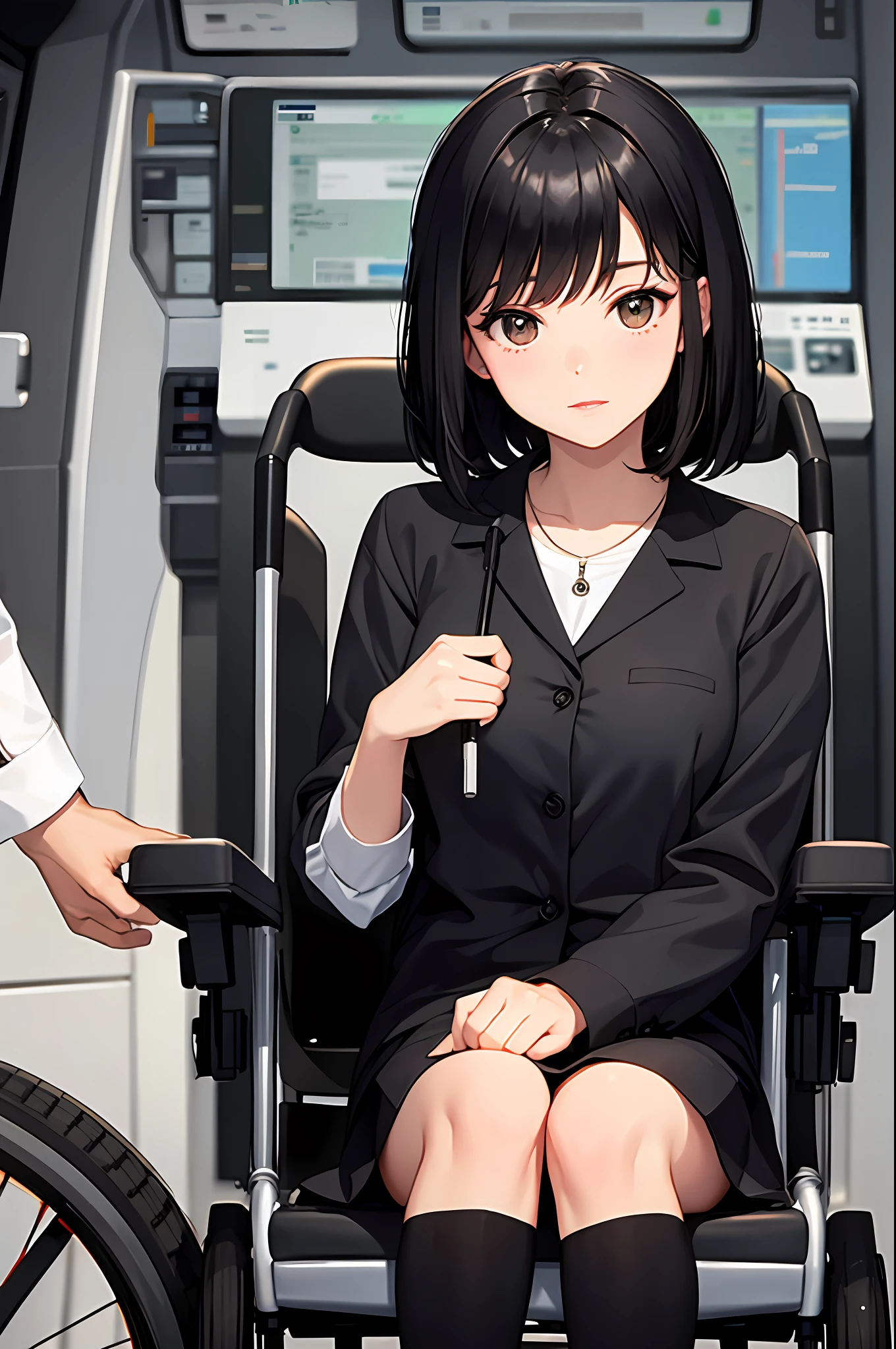 Black hair, short hair, girl, researcher, wheelchair
