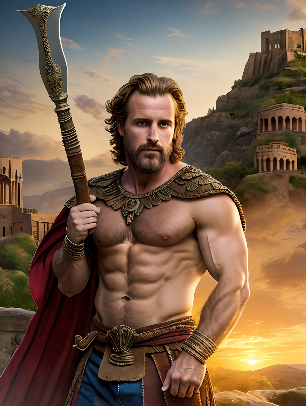 masterpiece, detailed, intricate, epic fantasy, colorful, full body, slight angle, man, 30 years old, hulking, brawny, fitted, ankle wraps, very hairy chest, skimpy revealing outfit, receding hairline, smirk, gladiator, with a spear, blades, big ancient city background, pointing away, depth of field, particle effects, high quality shadows