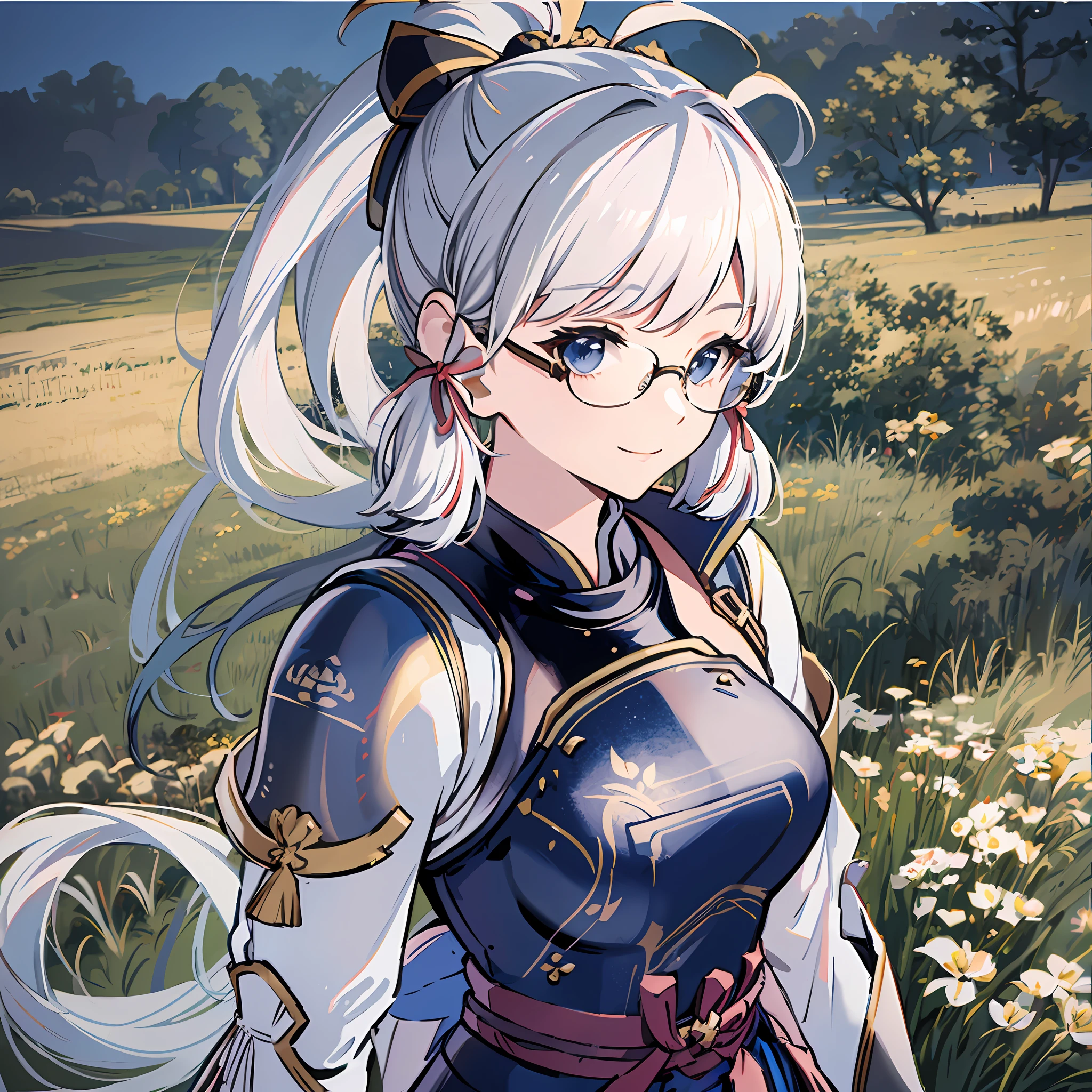 Ayaka, the Solemn Knight with a Ponytail, wearing Glasses and White Hair, is standing in the middle of a Field Background, adding a touch of Knight Armor(0.7) to her charm. She has a Medium Breast and an inviting Smile with her Hair Accessories