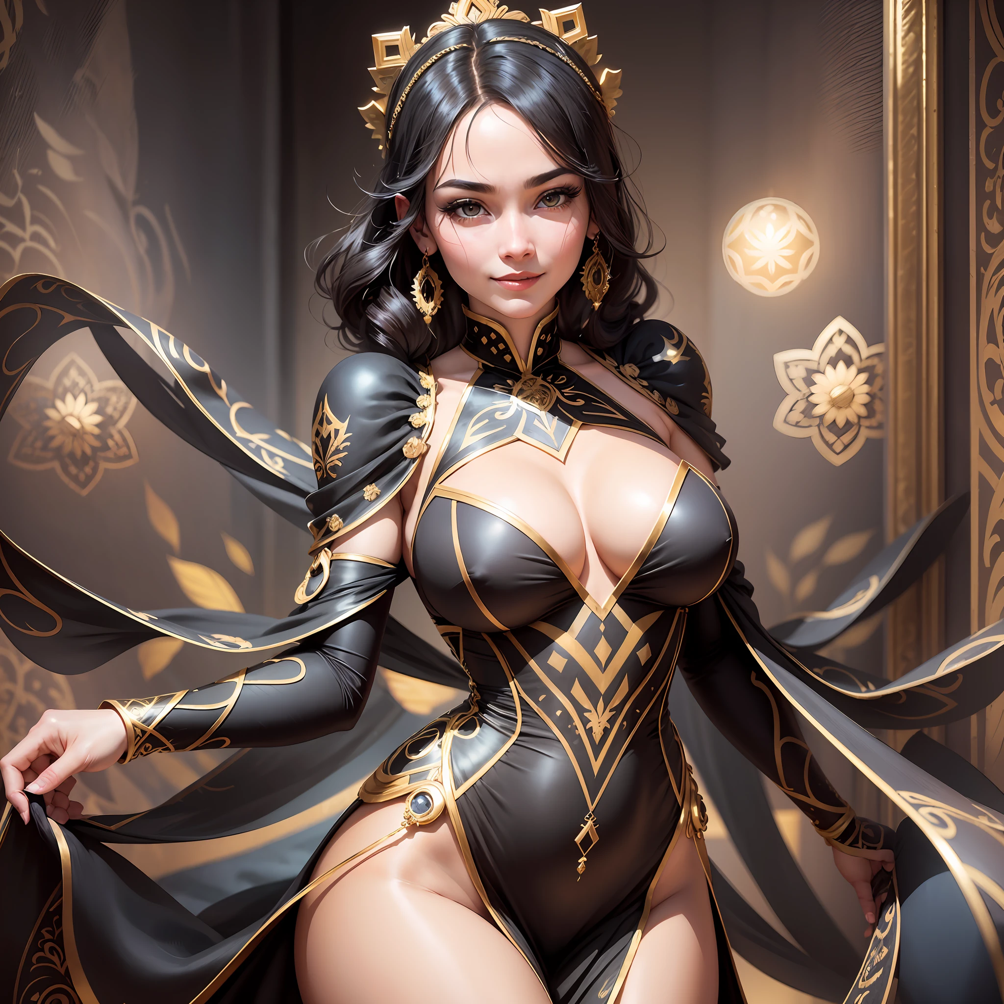 looking at the viewer, full face, mischievous smile, symmetrical, centered, close-up, feminine, athletic, shapely, narrow waist, excited, realistic body proportions, realistic, photorealistic, 8k, highly detailed, 1920s bimbo, bright, sexy, anatomically correct, symmetrical anatomy, style, masterpiece, 4K, gorgeous, fluffy dress, black with shiny silver lining, superb gold embroidery, elbow-length black glove, woman wearing the honeyed dress, --auto --s2