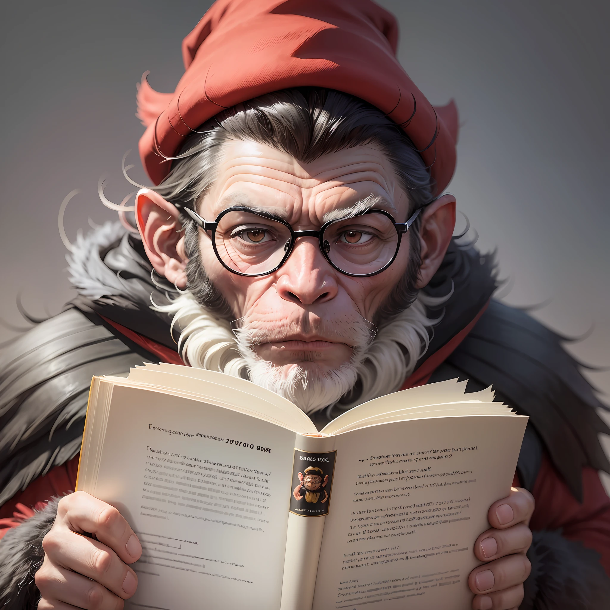 A monkey with a book, with a black glasses and a red capus, he looks like a wizard, he has big muscles, he is standing, standing there looking, reading the book, I can not see his face, only the capus, his face is black, because of the capus that hides his face (((vibrant, realistic photo, realistic, dramatic, sharp focus, 8k))) --auto --s2