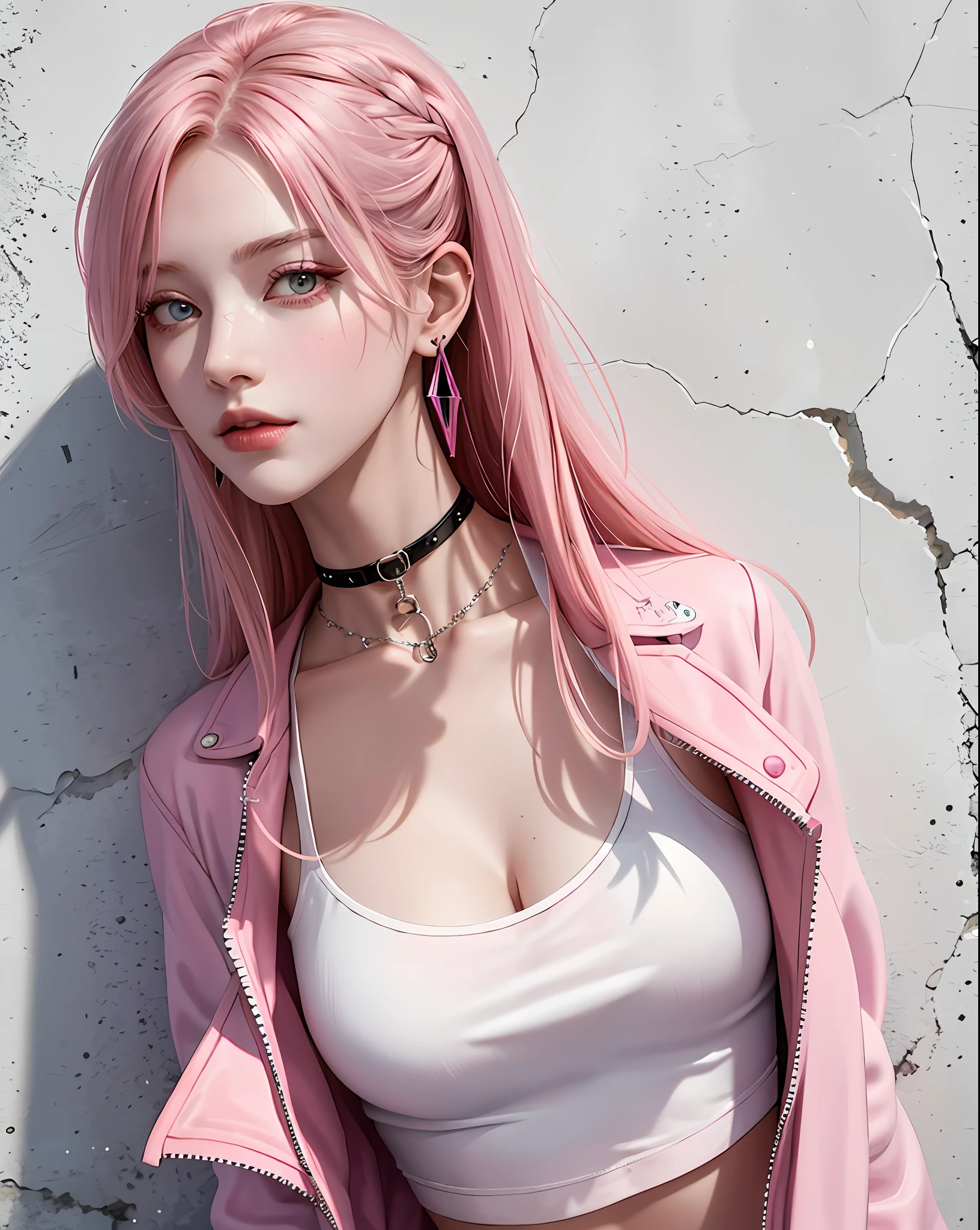 (masterpiece, best quality, 1girl, solo, intricate details, chromatic aberration), realistic, ((medium breath)),long hair, pink hair, red head ornament, pink highlights, hair over one eye,purple eyes, earrings, sharp eyes, choker, neon shirt, open jacket, crop top, (symmetry eyes),(perfect symmetrical body),against wall, brick wall, graffiti, dim lighting, alley ,look at viewer