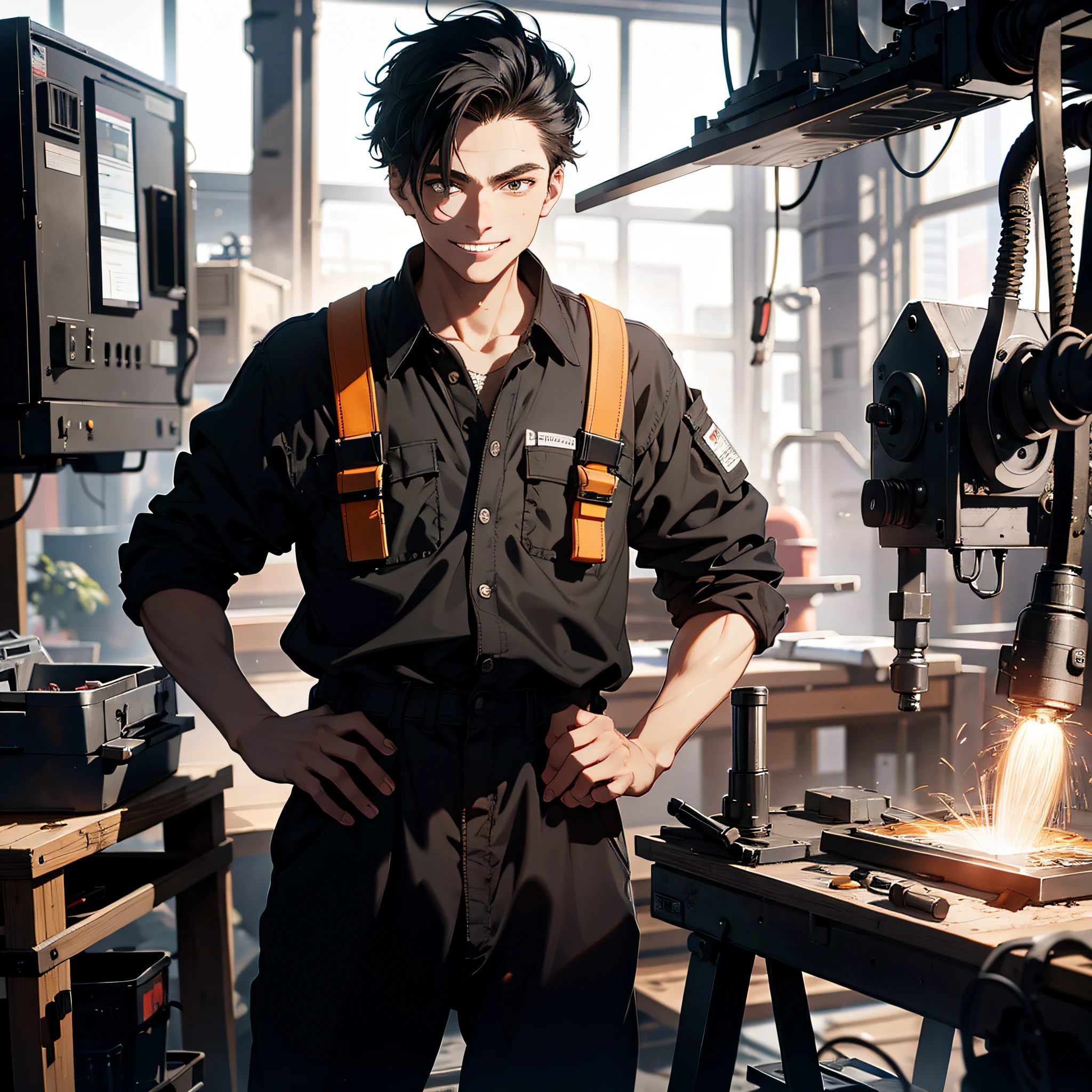 Absurd resolution, high resolution, (masterpiece: 1.4), hyper-detail, young man's messy short black hair, welder dressed up, grinning look, factory high-tech workbench, technology sense screen