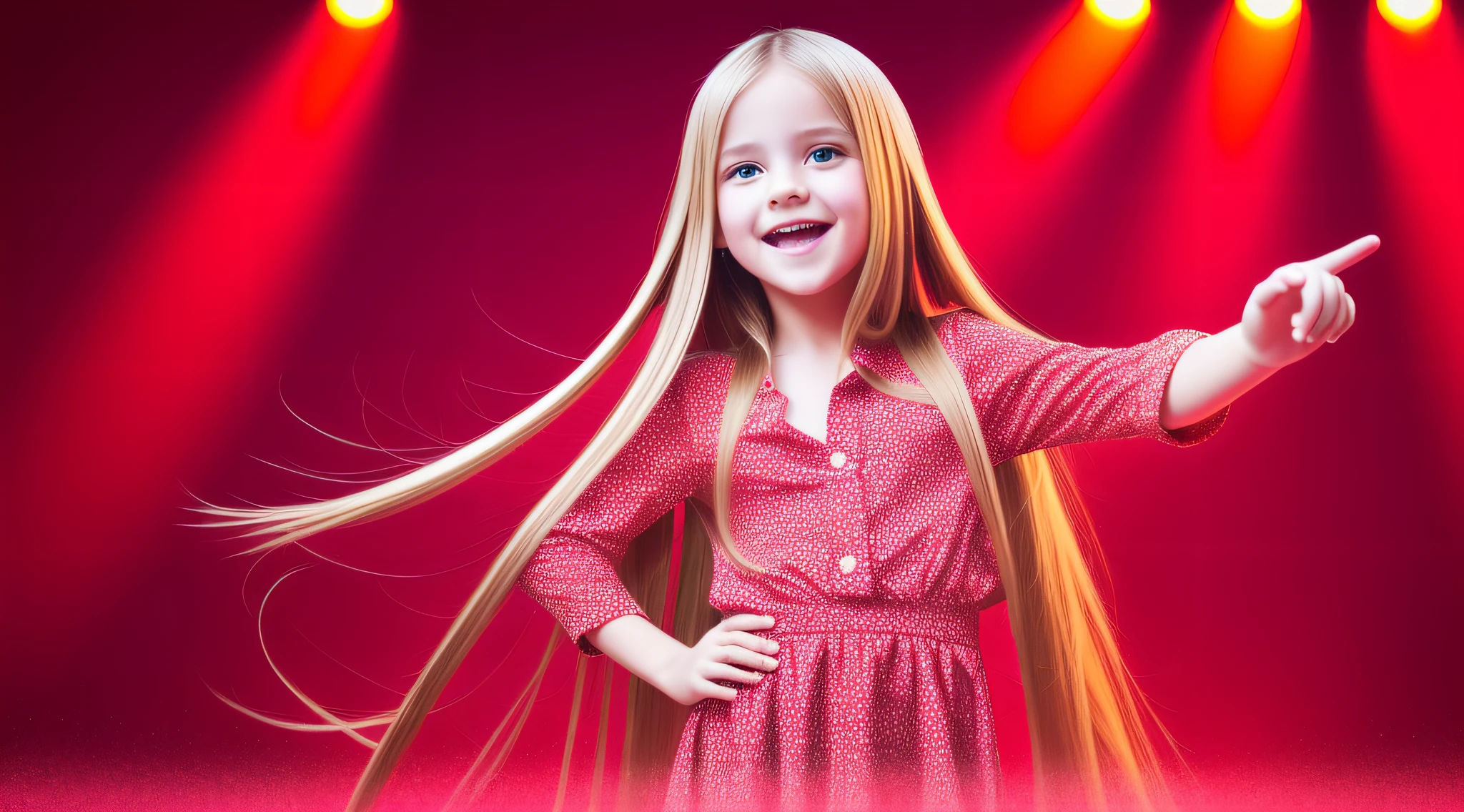 girls blonde children WITH STRAIGHT HAIR,RED BACKGROUND, (best quality, masterpiece), 1girl, idol, singing, happy, backlighting, long hair, stage, looking at the viewer,