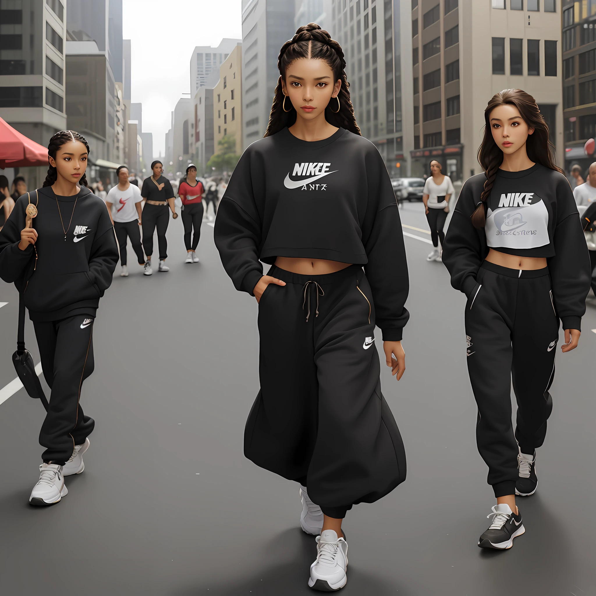 Girl, brunette, thin, big trasero, thin waist, medium breasts, fulfilled hair, big hair, african braids, walking in the city, small eyes, thin eyebrows, round nose, small mouth, thin lips, brown eye, muscular belly, sweatpants, black top, nike sneakers, seductive look, realistic photo, 8k, movie light