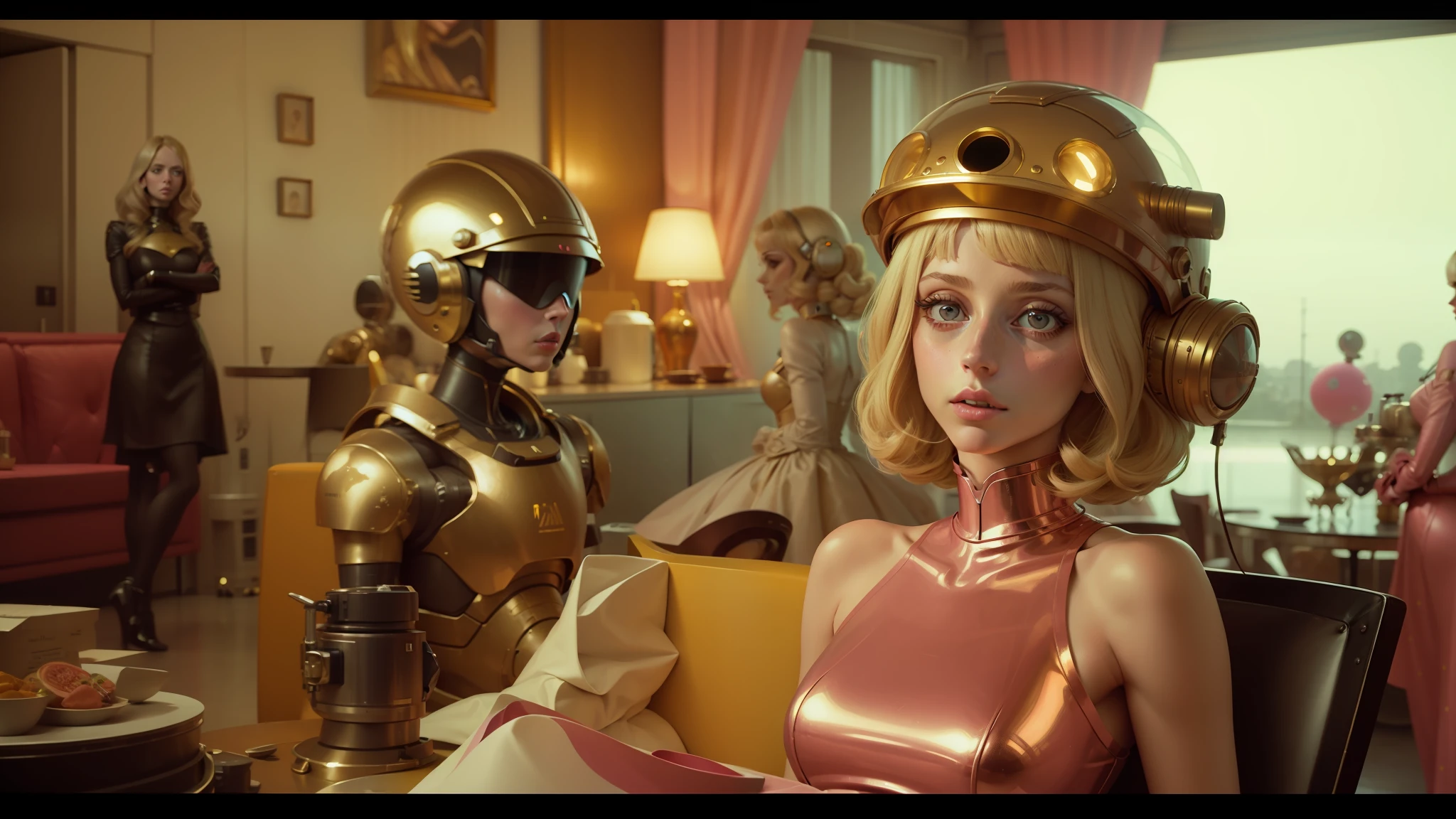 blond haired woman in a pink dress with a robot helmet on, angela sarafyan, shot on arri alexa, inspired by Laurie Lipton, portrait of katy perry, in style of pop - art, by Trevor Brown, outer worlds, gold body, barbarella, mistress, dining table, perfume --auto --s2