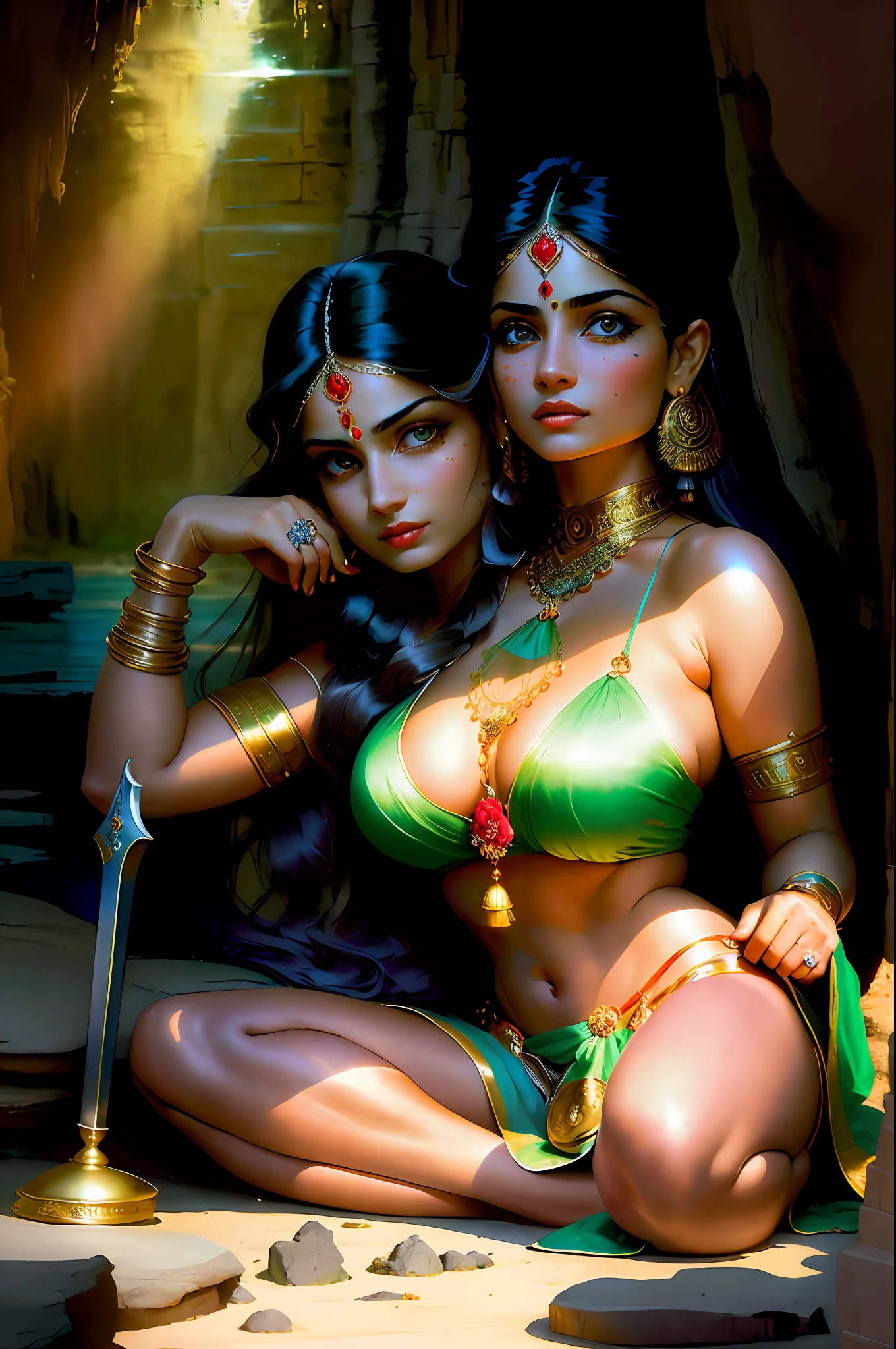 ((realistic:1.5)),((best quality)), ((masterpiece)),((detailed)), (2girls), conjoined, 2heads, {a beautiful female wearing a Sari}, (upper body:1.3),super-wide-angle lens,face focus, mature,sexy,toned muscles,long legs,curvy,barefoot,oversized firm breasts,open cleavage,drooping breasts,thick thighs,wide hips,thin legs,green eyes,long black hair,floting hair,long eyelashes,(detailed face,beautiful eye,detailed pupilss,detailed clothes features,clear background:1.3),(Bindi,Jhumkas:1.3),(Armlet, Haar, Payal,Maang Tikka,Jhumkas,Kamarband,Bangles:1.3),mysterious ancient ruin, lush forests, deep canyons,bridge,river,cliff,cloud, lakes,rock,waterfalls, flowers, grass, fog,vine,tree, smoke,best shadow,bright details,sharp,perfect composistion, Intricate, Sharp focus, dramatic, by Frank Frazetta,by Julie Bell,by Olivia De Berardinis,by Luis Royo,by boris vallejo, (specular lighting:1.3),rim light,princesses,princesses playing with water,royal skimpy underwear,random royal color,laying on the floor,queen spooning princess,hand on underwear,thirsty face,erotic face,lips open,almost undressed,underwear slid down,female bodyguard with sword,gasping,breathing hard,visible slit,wet princess