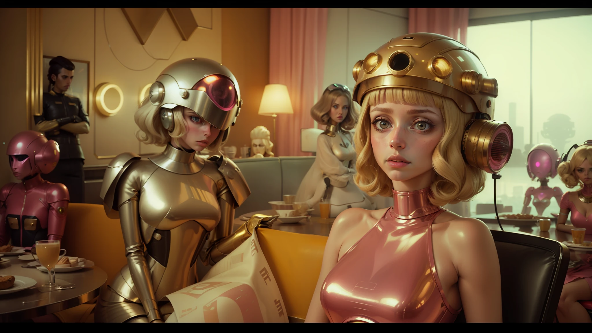 blond haired woman in a pink dress with a robot helmet on, angela sarafyan, shot on arri alexa, inspired by Laurie Lipton, portrait of katy perry, in style of pop - art, by Trevor Brown, outer worlds, gold body, barbarella, mistress, dining table, perfume --auto --s2