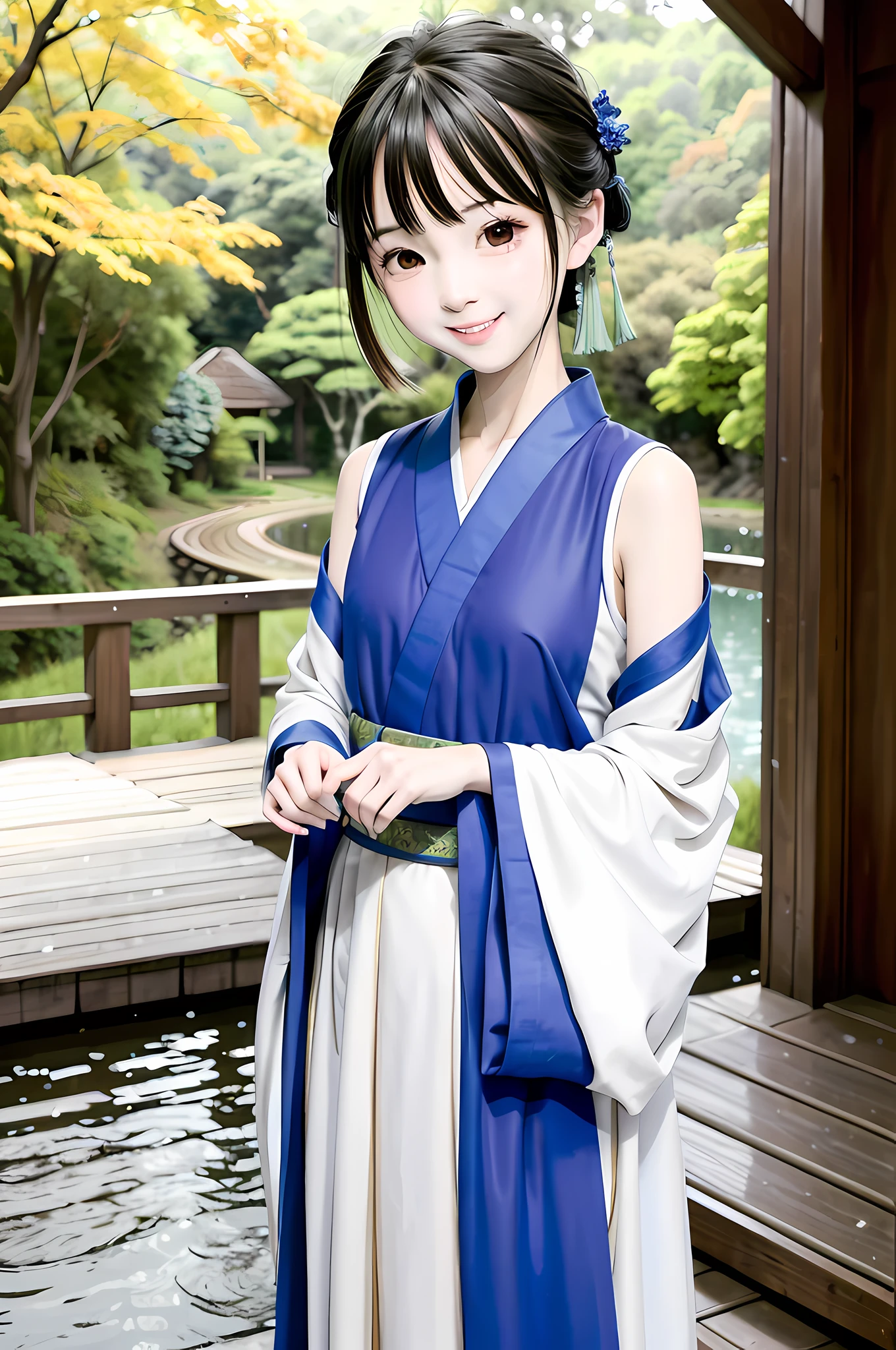 (masterpiece),best quality,good anatomy, shuimobysim,(1 girl:1), (upper body),(smile),short hair,(hanfu),(ecchi0.5), (trees:0.5), (flowers:0.6) ,(wooden house:0.2),(bamboo forest:0.2),(creek:0.2),(river:0.2),