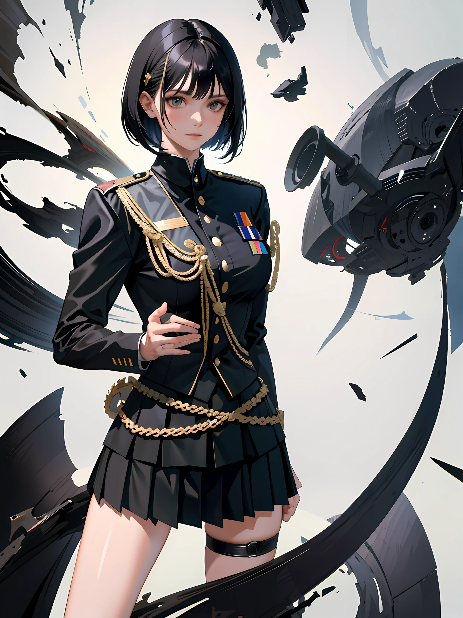 (highest resolution, distinct_image), best quality, masterpiece, highly detailed, semi realistic, a woman with short black hair, mature woman, triple bangs, black uniform, black pleated skirt, military uniform, spaceship space, control room, commander