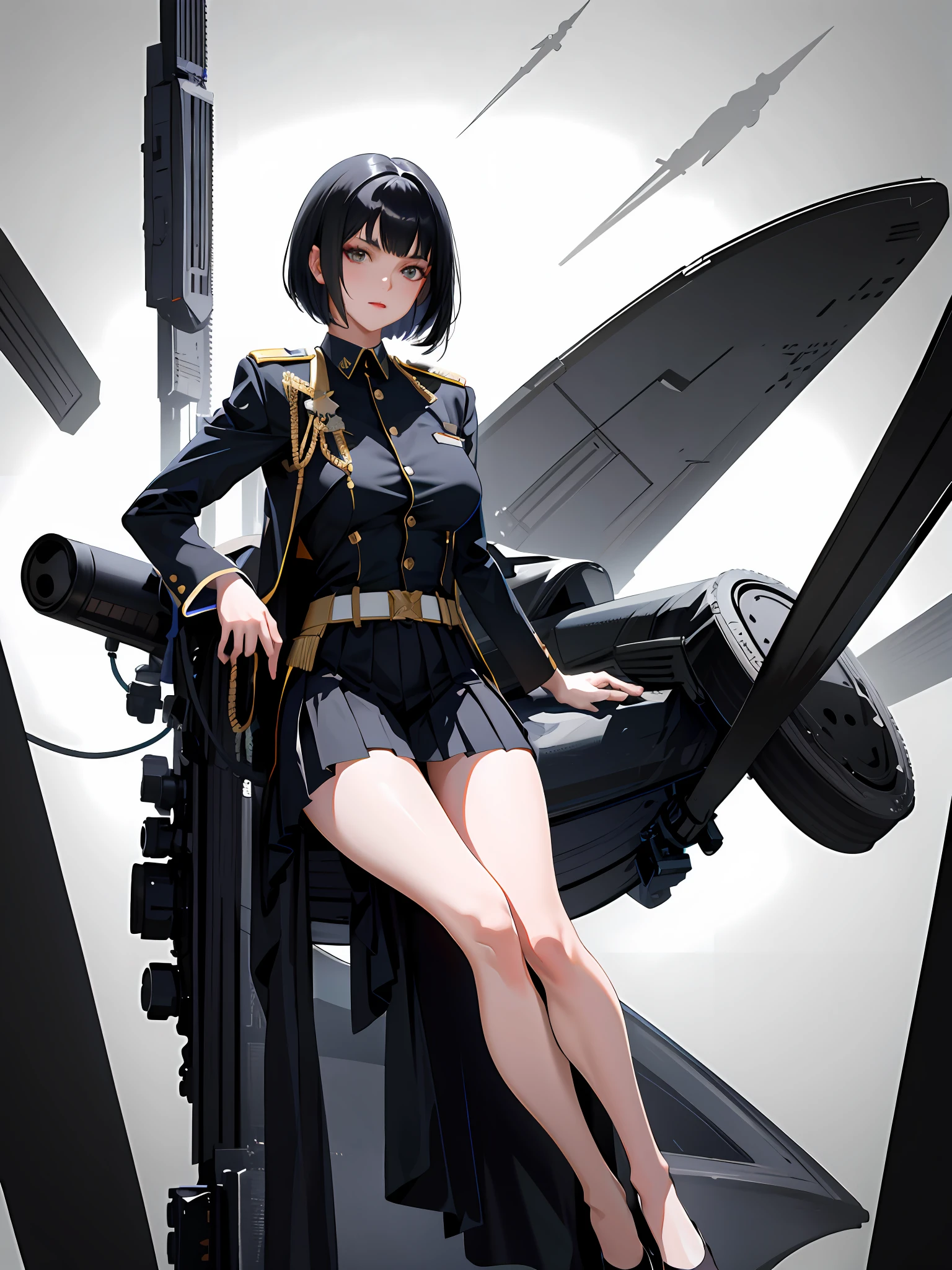 (highest resolution, distinct_image), best quality, masterpiece, highly detailed, semi realistic, a woman with short black hair, mature woman, triple bangs, black uniform, black pleated skirt, military uniform, spaceship space, control room, commander