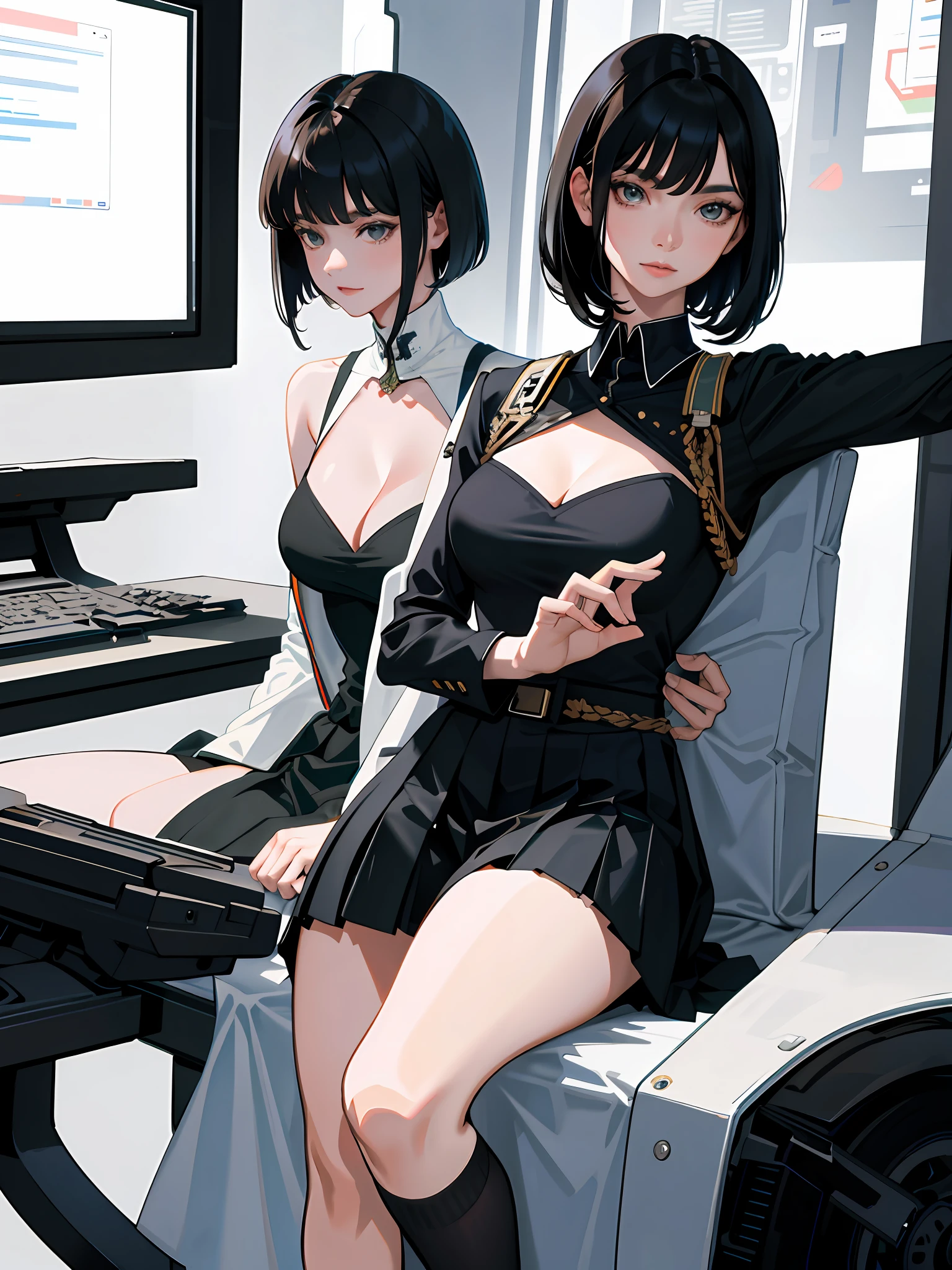 (highest resolution, distinct_image), best quality, masterpiece, highly detailed, semi realistic, a woman with short black hair, mature woman, triple bangs, black uniform, black pleated skirt, military uniform, spaceship space, control room, commander