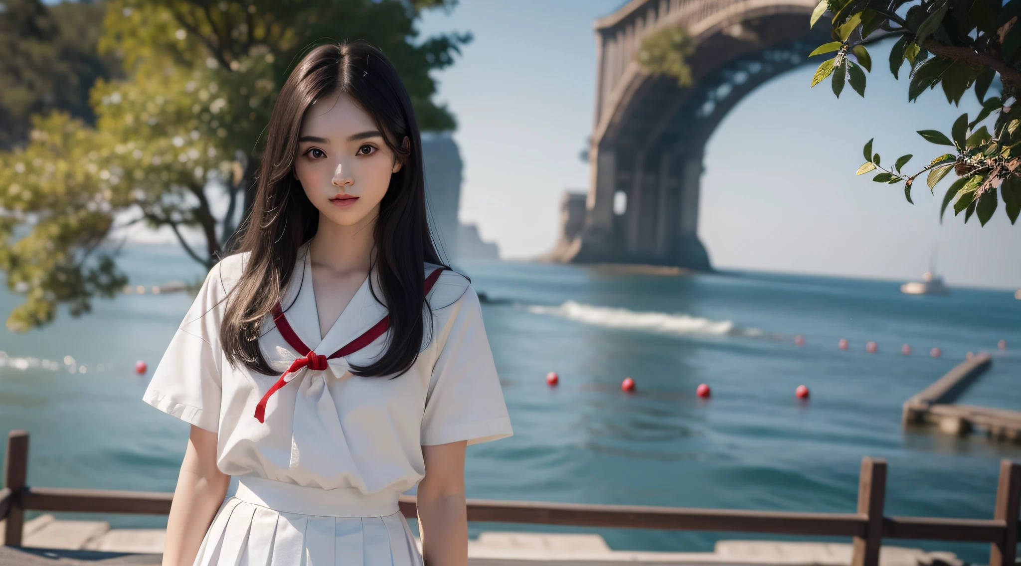 (very detailed CG unity 8k wallpaper), (masterpiece), (best quality), (super detailed), (best illustration), (best shadows), (realism: 1.5), (PureErosFace_V1: 0.5), Real human skin, lens flare, shadows, backlighting, halos, depth of field, natural lighting, hard focus, film grain, looking at viewer, 1 girl, 21 years old, solo, skinny, pale skin, soft lips, (shallow Eyebrows: 1.4), shiny brown eyes, black super long straight hair, small chest, beautiful detailed sky, detailed Nishi-en (crowd: 1.2), sunshine, (red nose), beautiful detailed eyes, white Japanese school uniform , sailor suit, crimson pleated skirt, sneakers