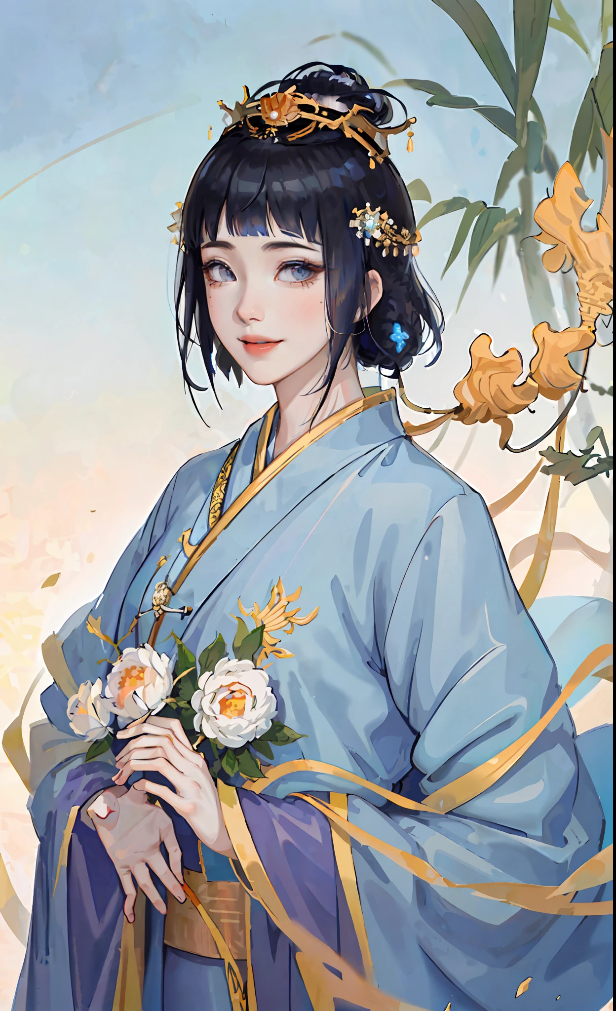 A girl, ancient Chinese costume, whole body, sunshine, clear face, clean white background, masterpiece, super detail, epic composition, ultra HD, high quality, extremely detailed, official art, uniform 8k wallpaper, super detail, 32k, ((blunt bangs)), extremely detailed character, detailed lips, dark blue hair, (((empress))), hinata/(boruto/), smile