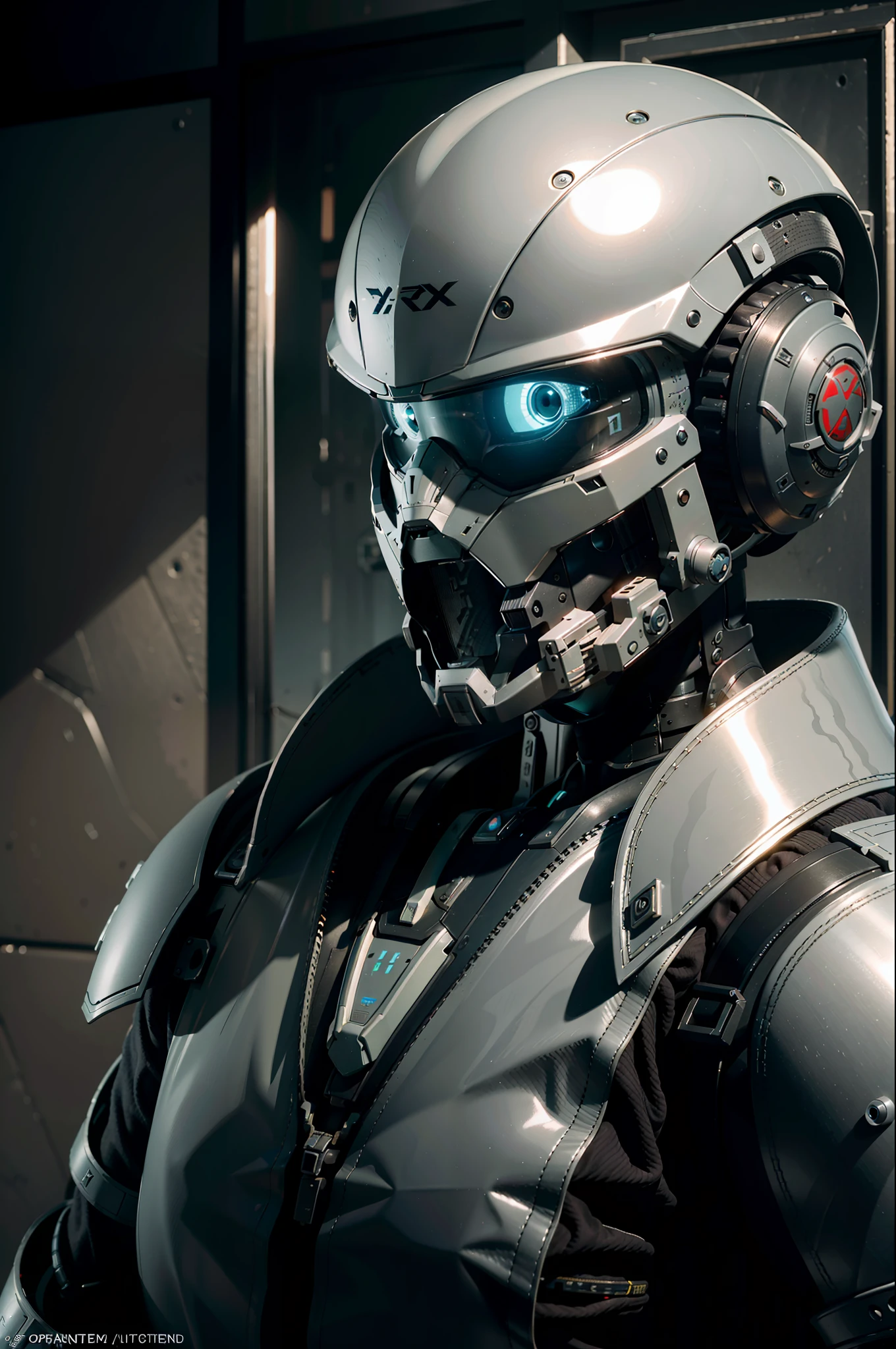 official art, unity 8k wallpaper, ultra detailed, aesthetic, masterpiece, best quality, hyperrealistic and intricate detail, portrait of a military nousr robot, warframe, full robot helmet, character design, detailed helmet, in the style of dieter rams and boston dynamics, robot, highly detailed, intricate details, symmetrical, digital 3d, hard surface, real-time, vfx, volumetric lighting, ambient light, ultra hd, hdr, depth of field, macro shot