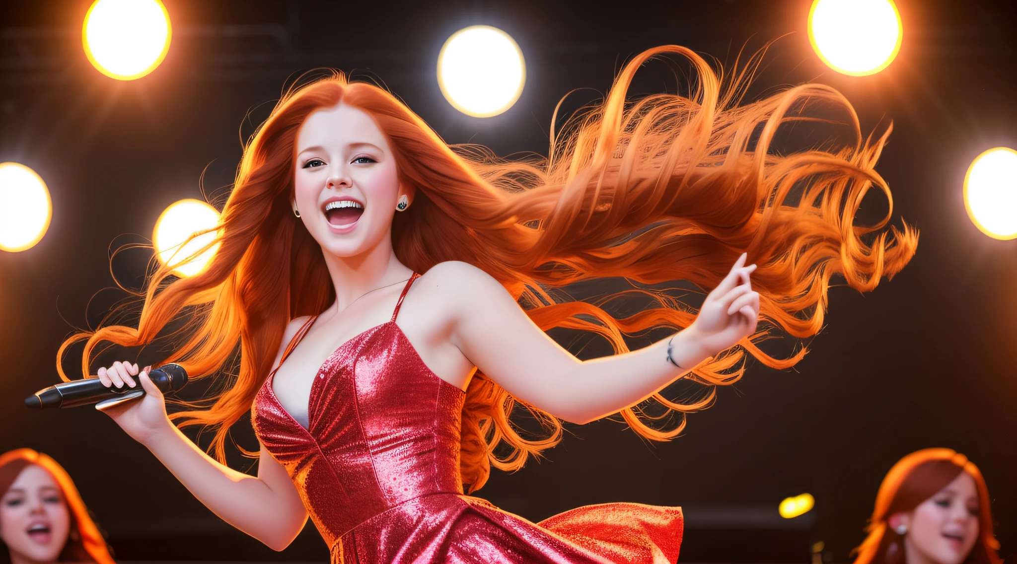 (best quality, masterpiece), 1girl, idol, singing, happy, backlighting, long hair REDHEAD, stage, looking at the viewer,