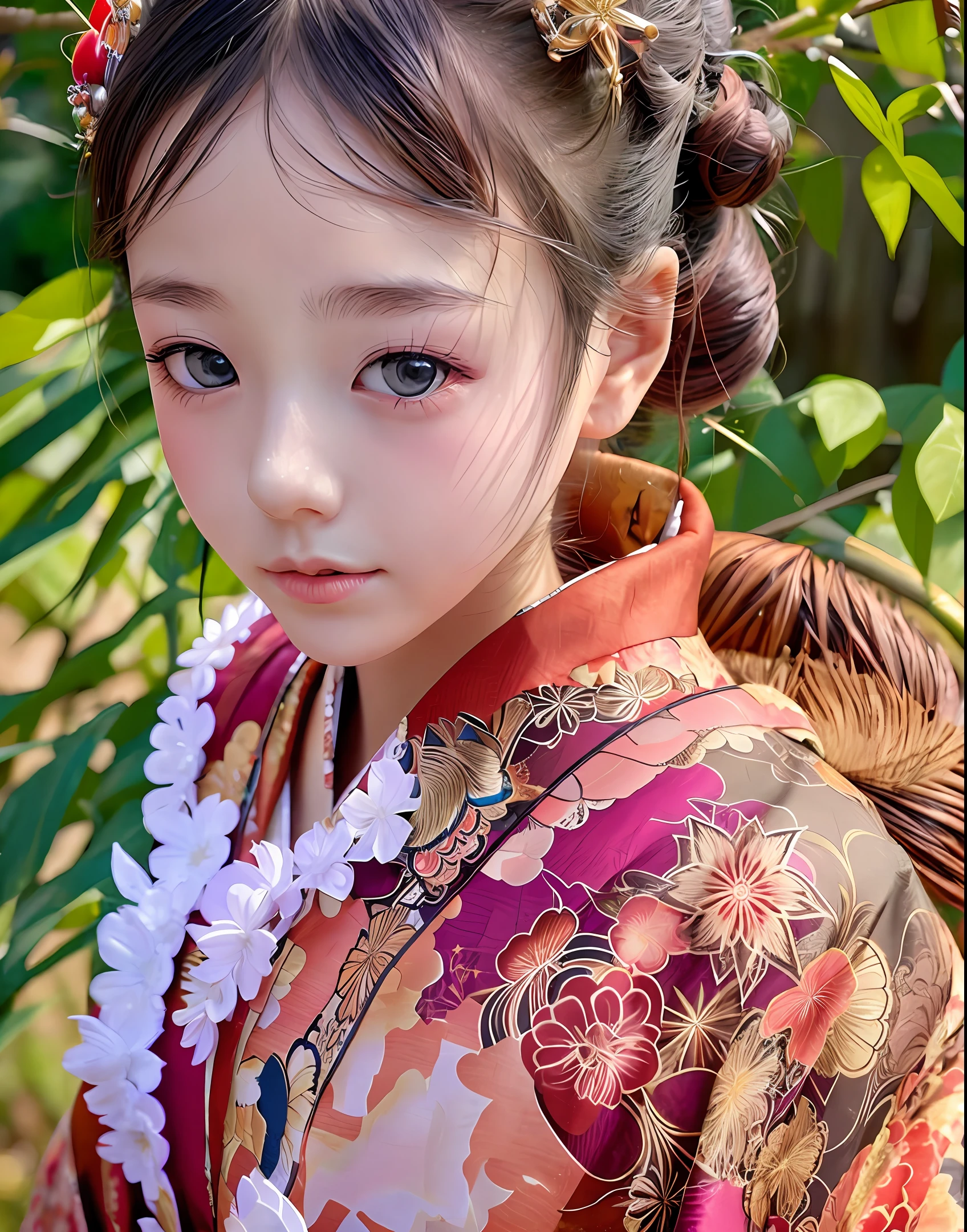 (Anime),(demon girl),(8k),ultra realistic(masterpiece), (best quality), HDR, intricate detail, 1girl, solo focus, skindentation, perfect face, swollen face, beautiful face, big eyes, puffy eyes, perfect eyes, eyelashes, kimono, mole, mole under eyes, ponytail, blush, Close-up, guilty, highly detailed background, landscape with balance, perfect lightning, light, sunny
