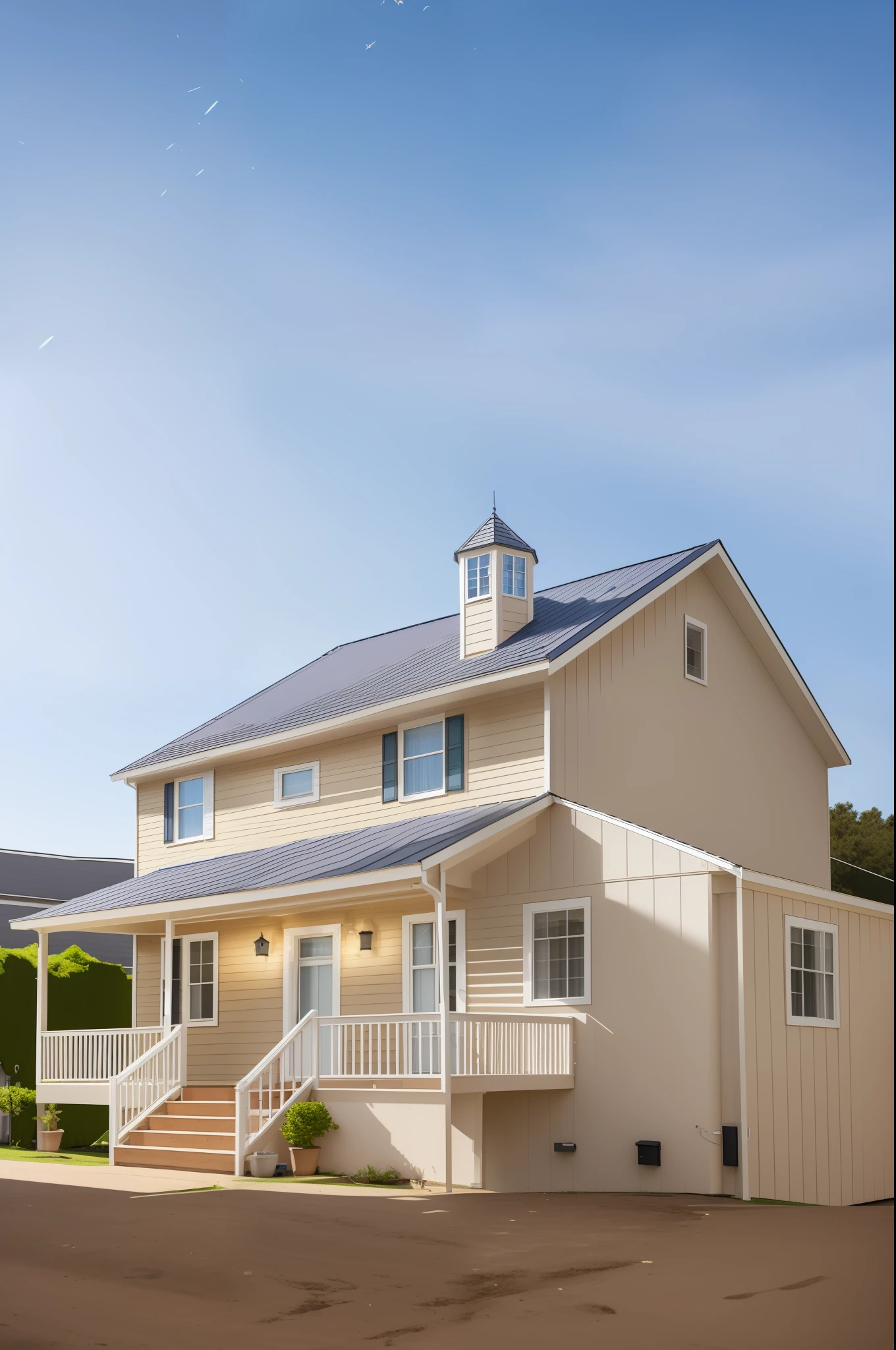 Daytime photo of a house with balcony and balcony with stairs, taken with sigma 2 0 mm f 1. 4, photographed with a 20mm canon lens, bottom angle, sunny day, inspired by Gregory Crewdson, taken with canon 5d mk4, illuminated from side, high quality image, 3/4 extra - wide shot,