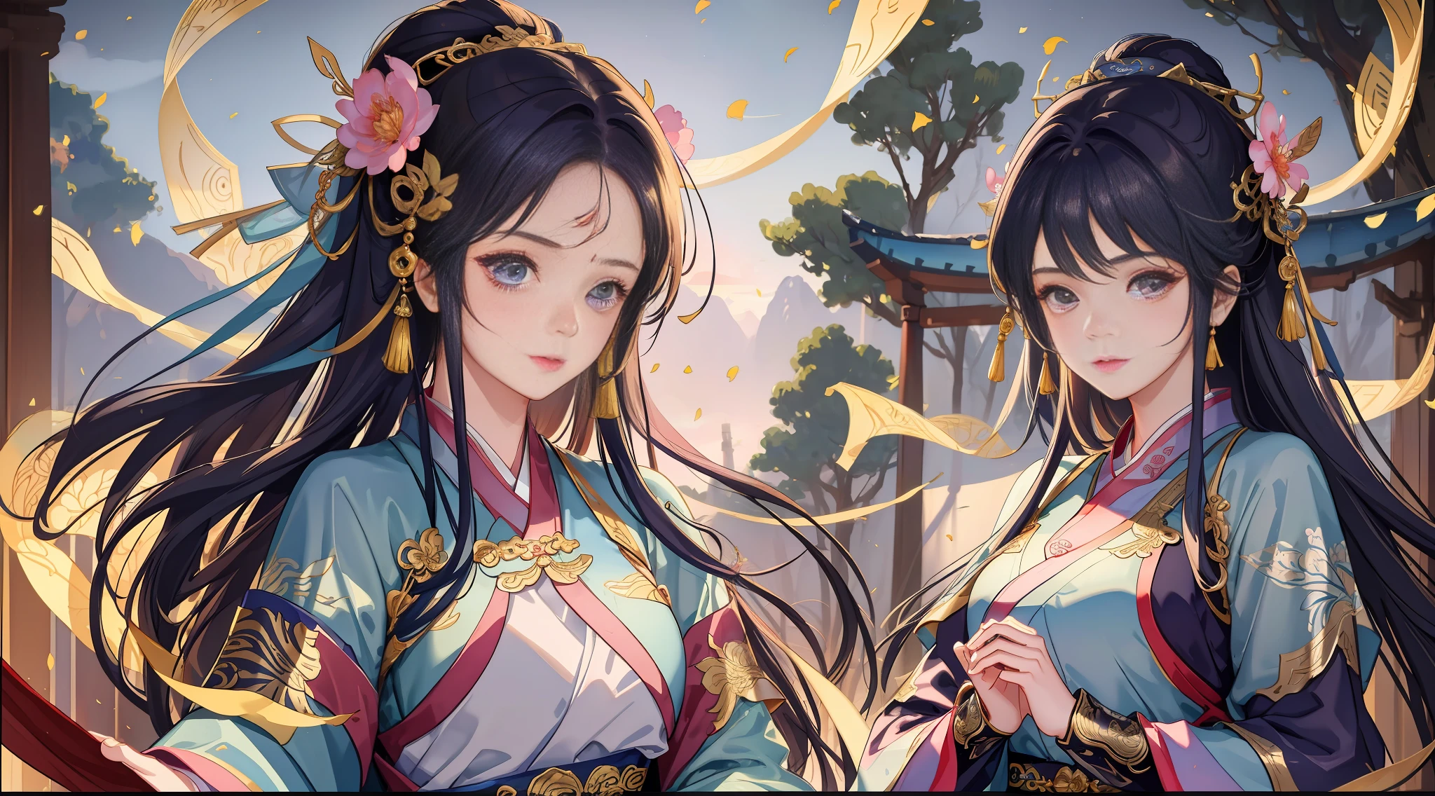 two girls, Wuxia costumes, An adult goddess, A young girl, high detail, motion blur, cinematic lighting, blurry foreground, panorama, UHD, retina, masterpiece, ccurate, textured skin, super detail, high details, highres, best quality