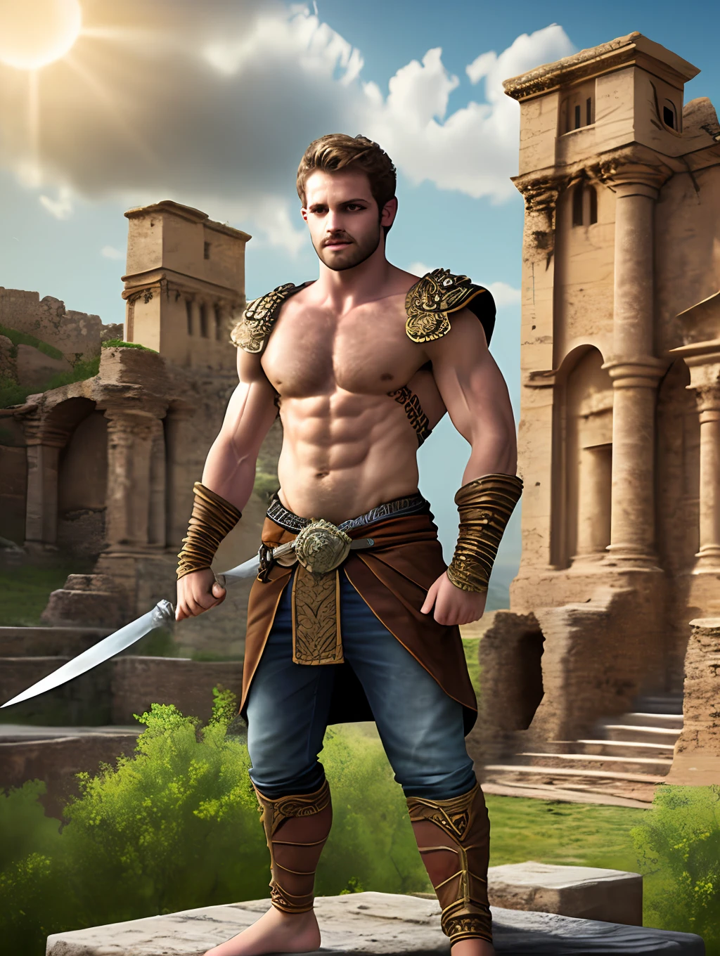 masterpiece, detailed, intricate, epic fantasy, colorful, full body, slight angle, man, 20 years old, hulking, brawny, fitted, ankle wraps, very hairy chest, skimpy revealing outfit, receding hairline, smirk, gladiator, with a sword, blades, big ancient city background, pointing away, depth of field, particle effects, high quality shadows