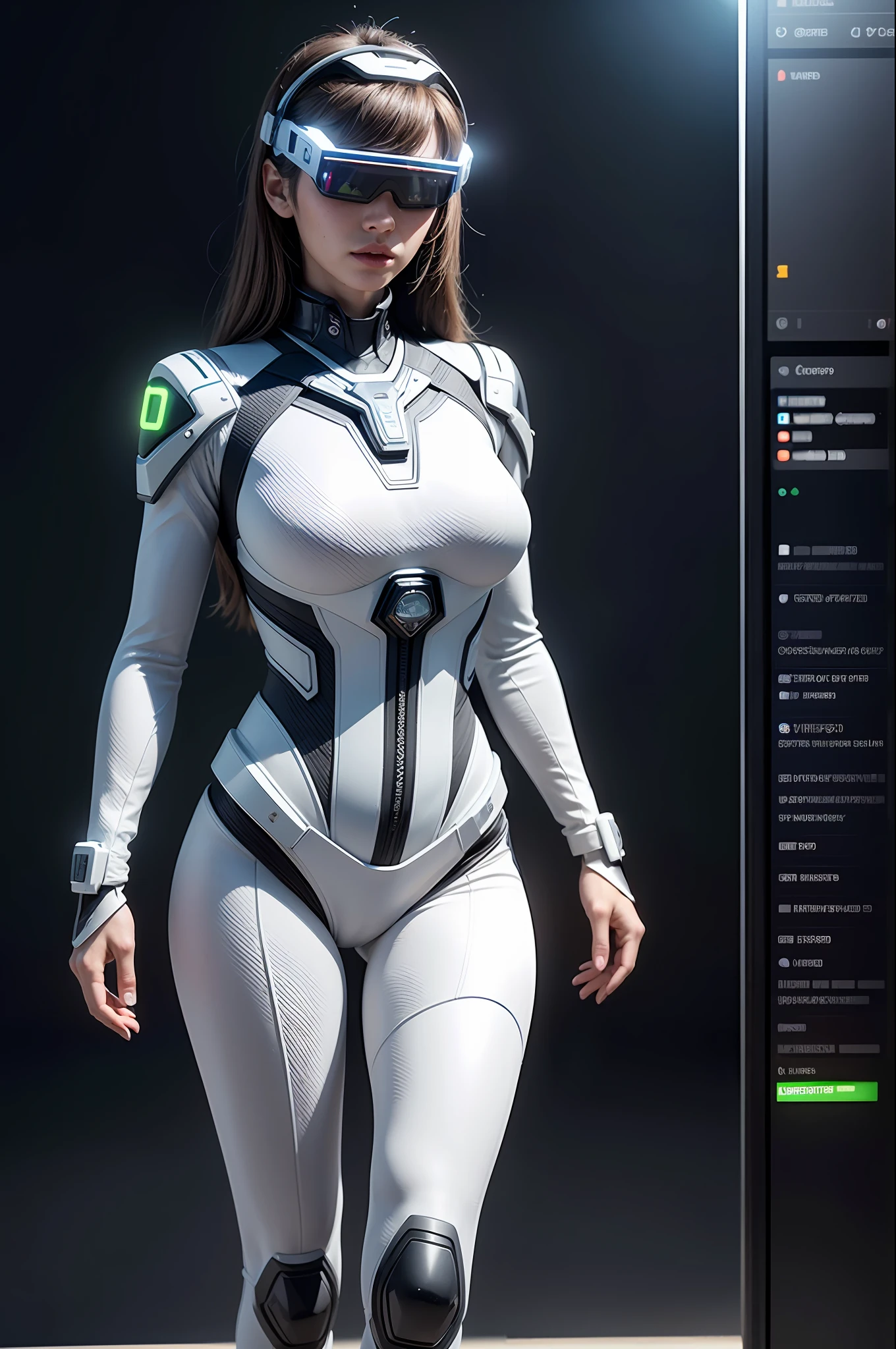 ((Best quality)), ((masterpiece)), (highly detailed:1.3), 3D,full body portrait,rfktr_technotrex, beautiful cyberpunk woman,(wearing head-mounted display that is chunky and hi-tech with neon lights:1.2),wearring a cape,computer hacking,computer terminals,soft glow from neon lights,micro-electronics,computer servers, LCD screens, fibre optic cables, corporate logos,vibrant colours,HDR (High Dynamic Range),Ray Tracing,NVIDIA RTX,Super-Resolution,Unreal 5,Subsurface scattering,PBR Texturing,Post-processing,Anisotropic Filtering,Depth-of-field,Maximum clarity and sharpness,Multi-layered textures,Albedo and Specular maps,Surface shading,Accurate simulation of light-material interaction,Perfect proportions,Octane Render,Two-tone lighting,Low ISO,White balance,Rule of thirds,Wide aperature,8K RAW,Efficient Sub-Pixel,sub-pixel convolution,luminescent particles,light scattering,Tyndall effect