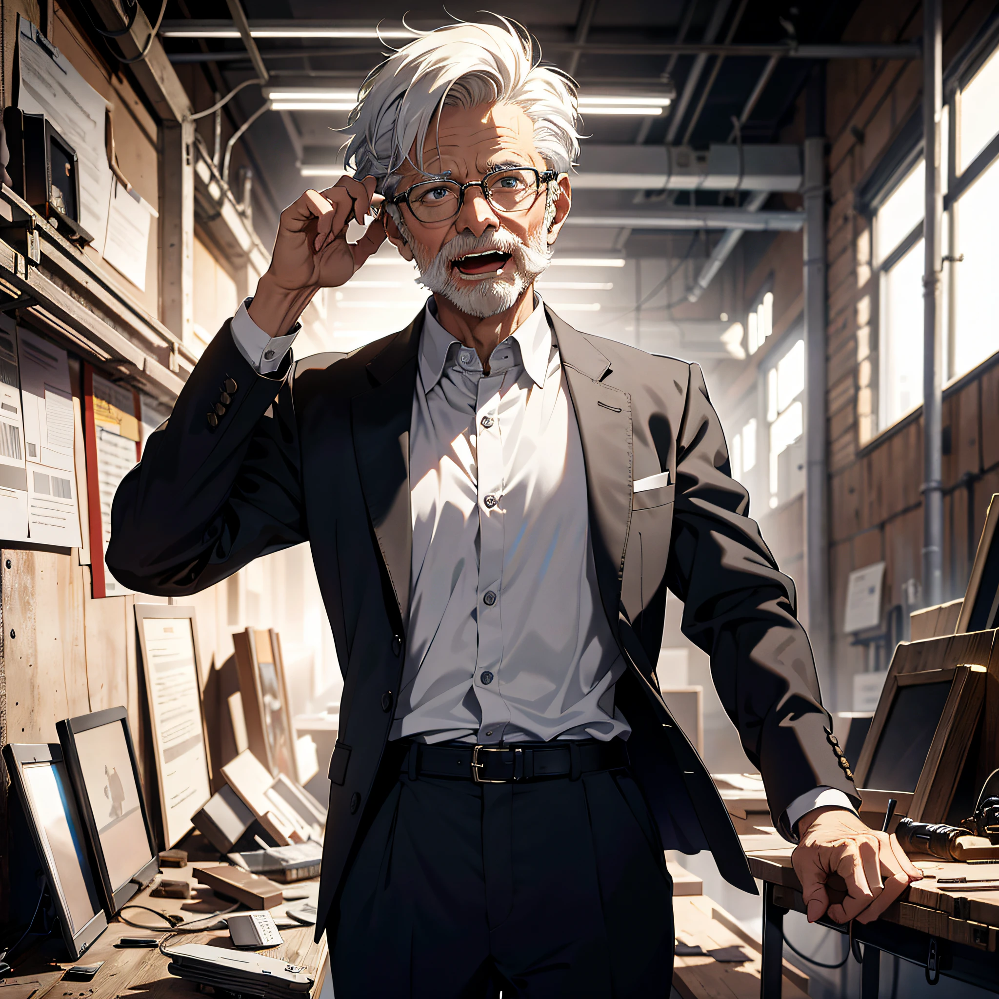 Absurd resolution, high resolution, (masterpiece: 1.4), hyper-detail, inside an abandoned factory, an old man with short white hair dressed as a scientist (1.5), very excited expression, open mouth, high-tech workbench, tech-sense screen, tech-tech robotic arm, blazer white shirt