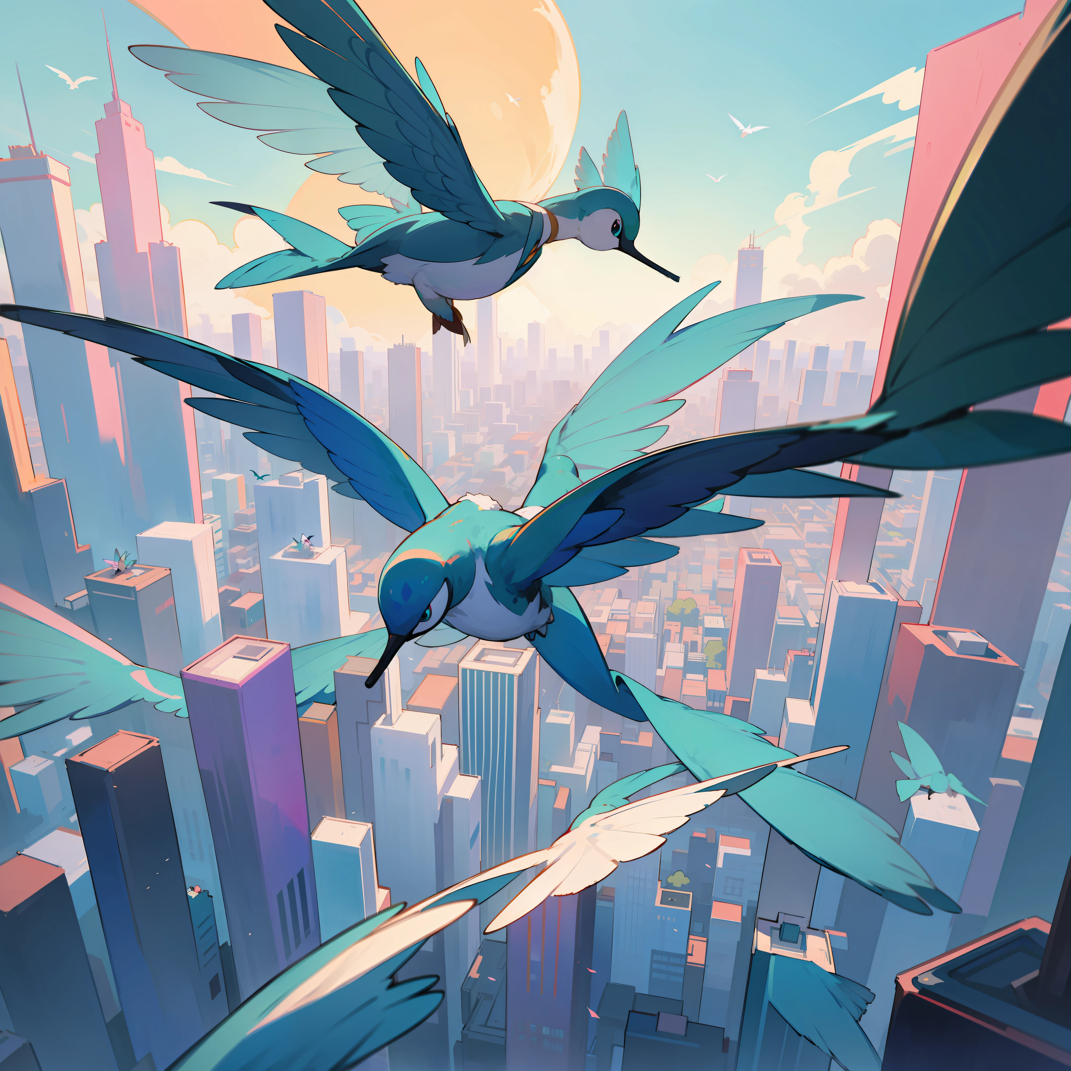 a teal hummingbird flying above a crowded teal city