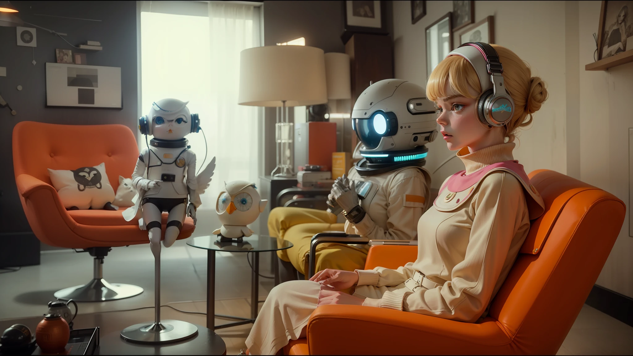 there are three mannequins sitting in a living room with orange chairs, elle fanning as an android, 1 9 6 0 s space girl, pink headphones, erwin olaf, owlship, still image from tv series, official music video, 60s, astral dress, plush, alexa mini, terminals, philip k d, by Sophie Pemberton, 1967 --auto --s2