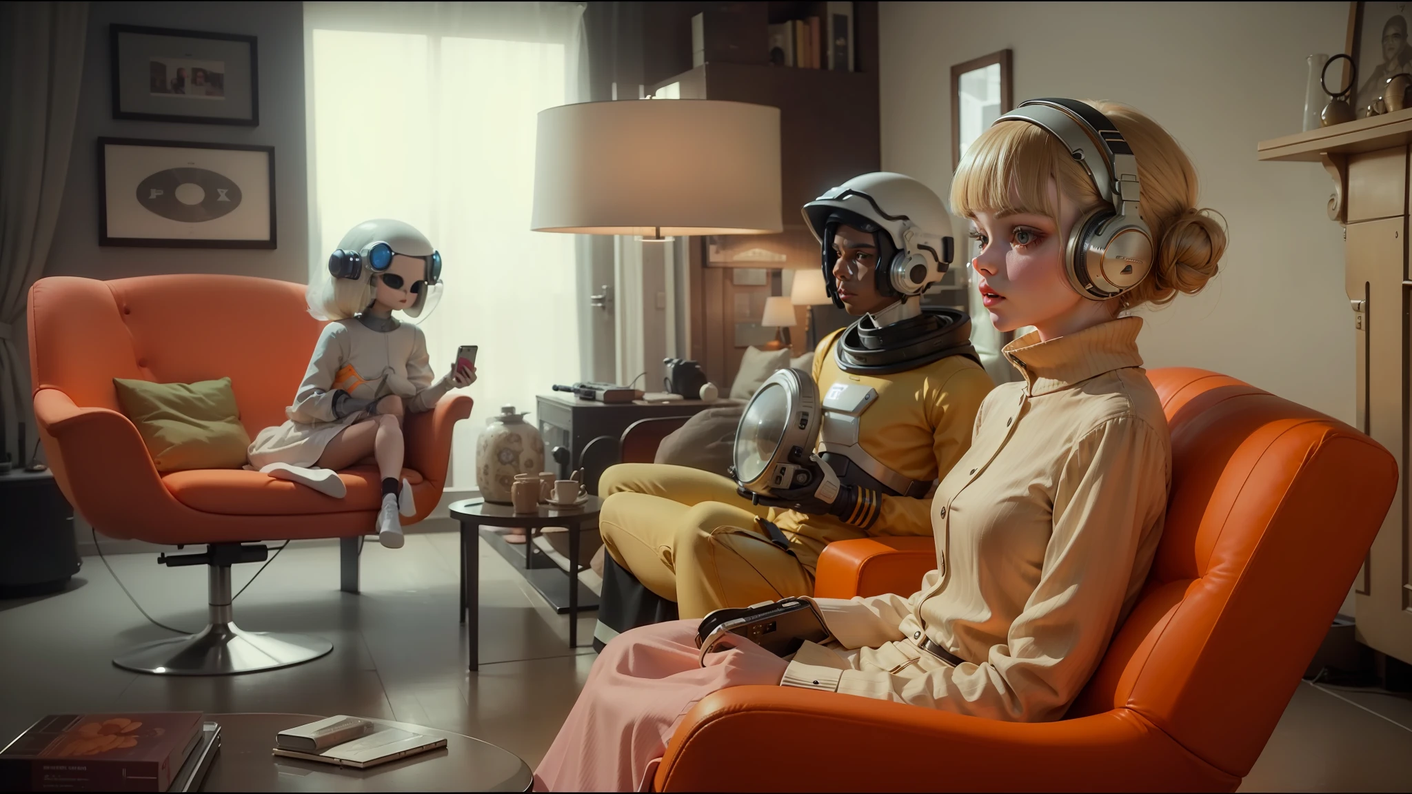 there are three mannequins sitting in a living room with orange chairs, elle fanning as an android, 1 9 6 0 s space girl, pink headphones, erwin olaf, owlship, still image from tv series, official music video, 60s, astral dress, plush, alexa mini, terminals, philip k d, by Sophie Pemberton, 1967 --auto --s2