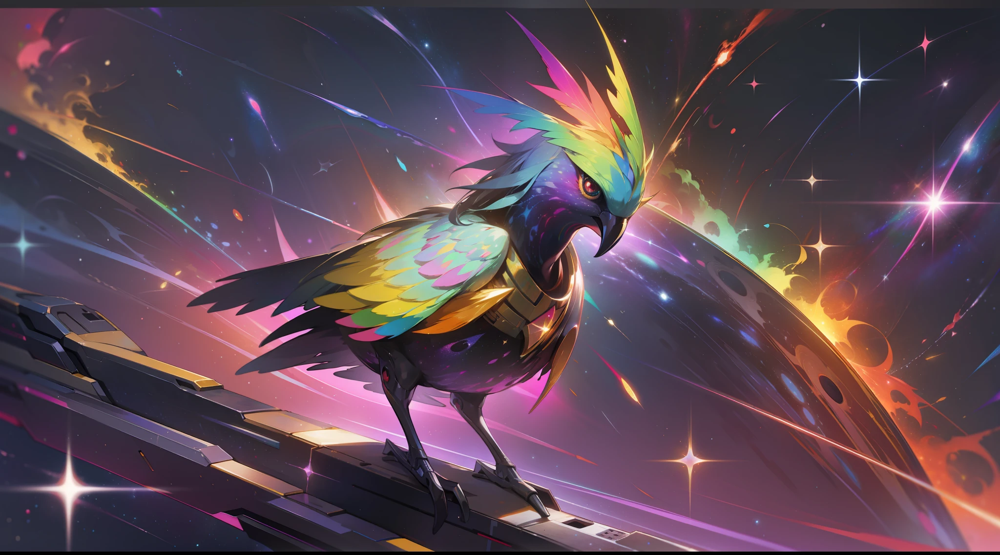 a rainbow colored bird, rainbow colored cosmic nebula background, stars, galaxies