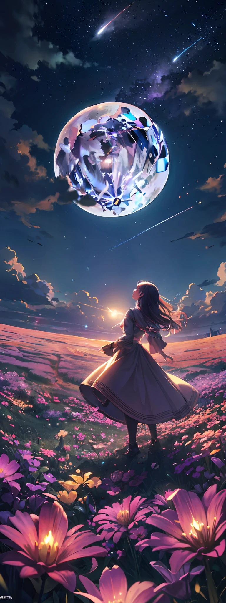 Vast landscape photo, (viewed from below, the sky is above and the open field is below), a girl standing on a flower field looking up, (full moon: 1.2), (meteor: 0.9), (nebula: 1.3), distant mountains , Trees BREAK Crafting Art, (Warm Light: 1.2), (Fireflies: 1.2), Lights, Lots of Purple and Orange, Intricate Details, Volumetric Lighting, Realism BREAK (Masterpiece: 1.2), (Best Quality), 4k, Ultra-Detailed, (Dynamic Composition: 1.4), Very Detailed, Colorful Details, (Rainbow Colors: 1.2), (Glow Lighting, Atmospheric Lighting), Dreamy, Magical, (Solo: 1.2)