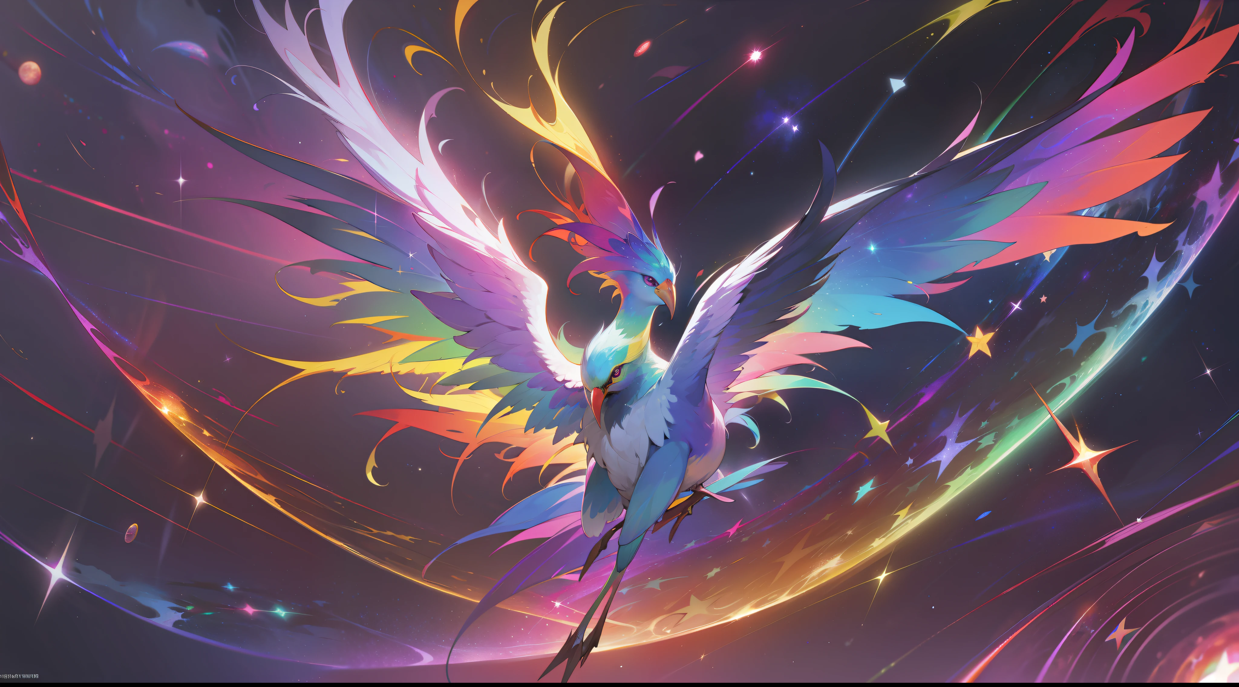 a rainbow colored bird, rainbow colored cosmic nebula background, stars, galaxies