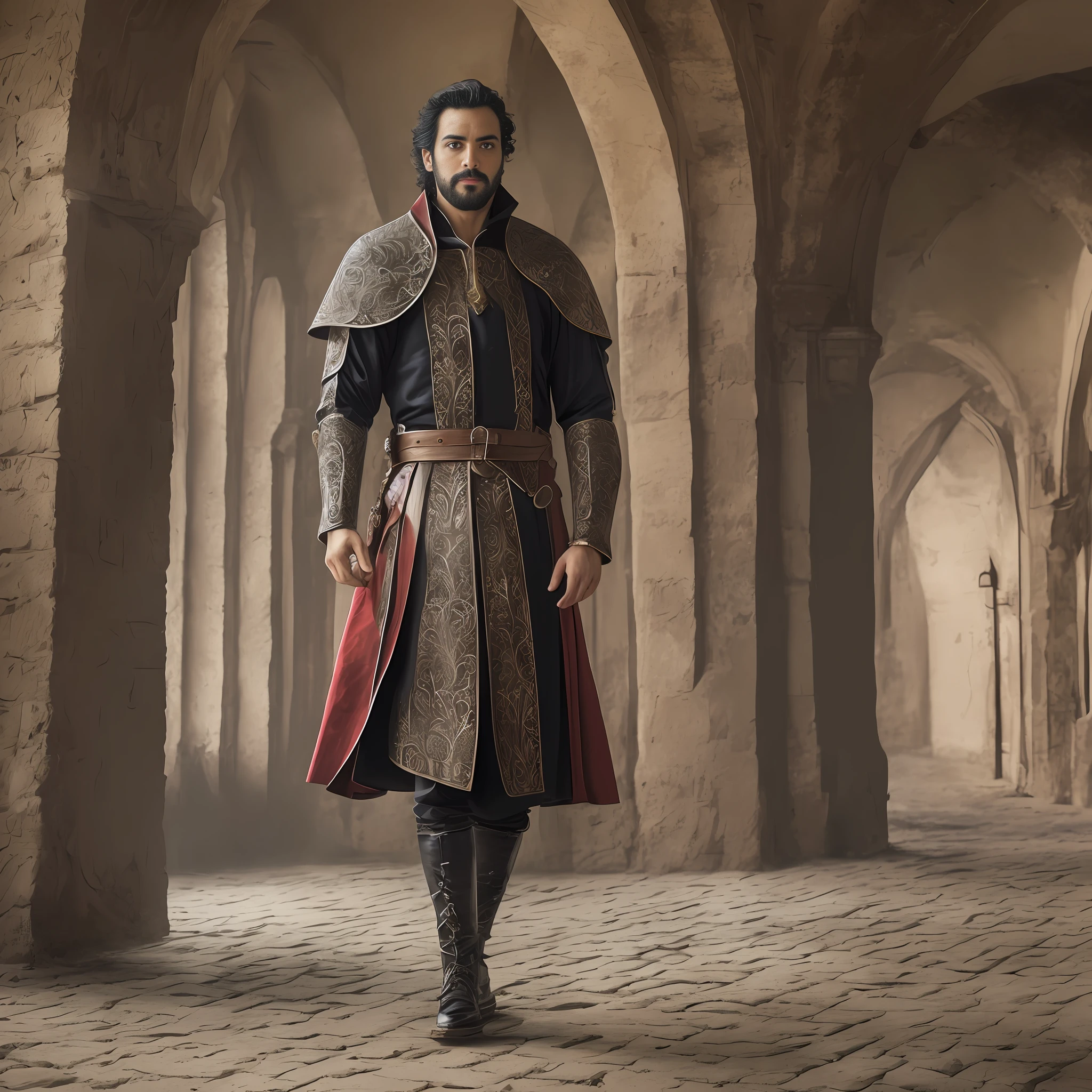 a slim hispanic man in his thirties, well cut beard, curvy black hair, standing, light medieval noble clothes, realistic, boots