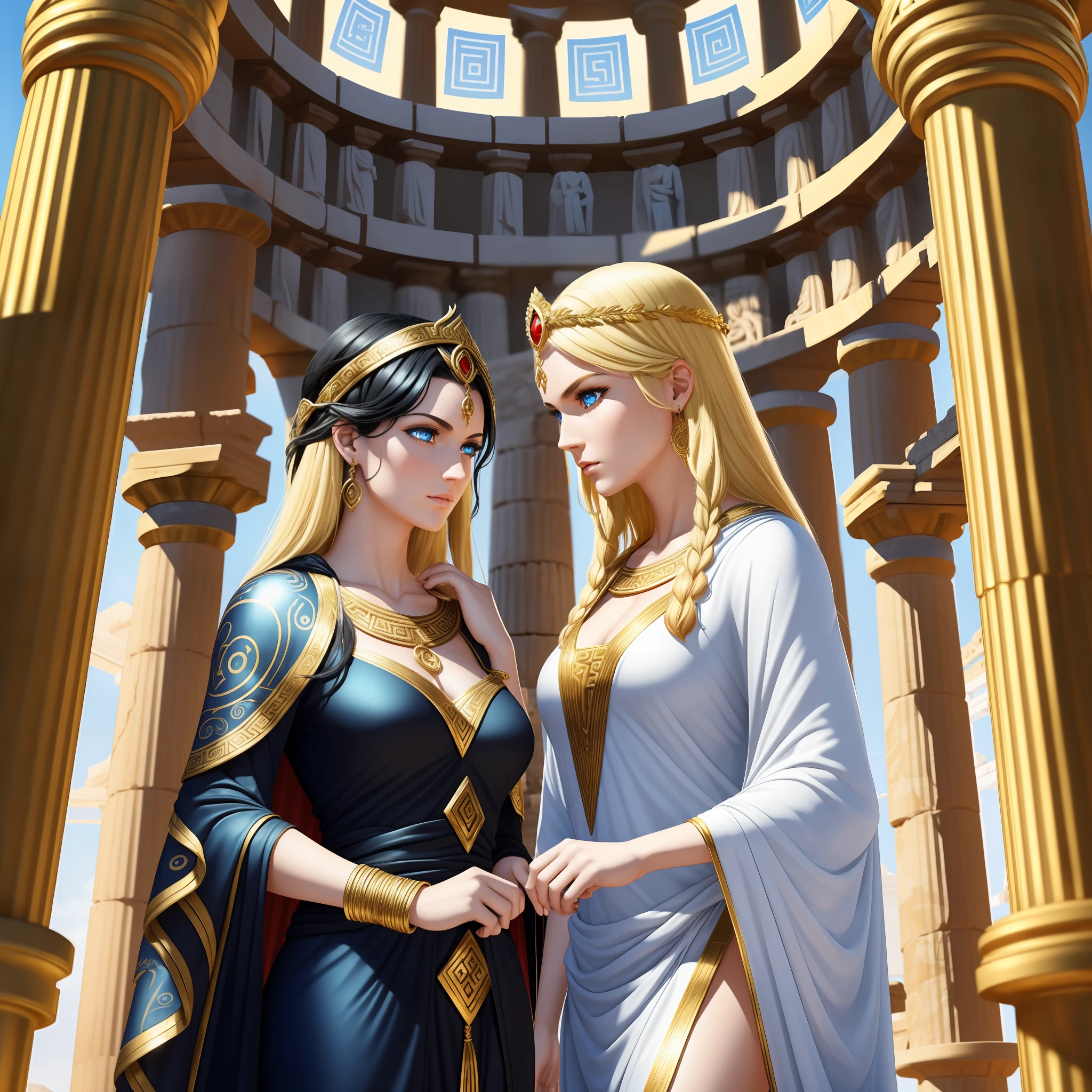 (two goddesses) are chatting intimately in an ancient Greek temple, {the one is goddess of wilderness and hunting, with (((blonde hair))) and (((blue eyes))), is fair-skinned, is tall and slender, shows off her pair of perfect long legs, wears a (white:1.2) (very short: 1.5) tunic with golden borders}, {the other is goddess of witchcraft and magic, with ((black hair)) and ((red eyes)), is fair-skinned, is tall, wears a (black:1.2) robe with golden pattern}, Greek mythology, photorealistic, super high quality, super detail, super hand description, masterpiece, 4K, 8K, HDR