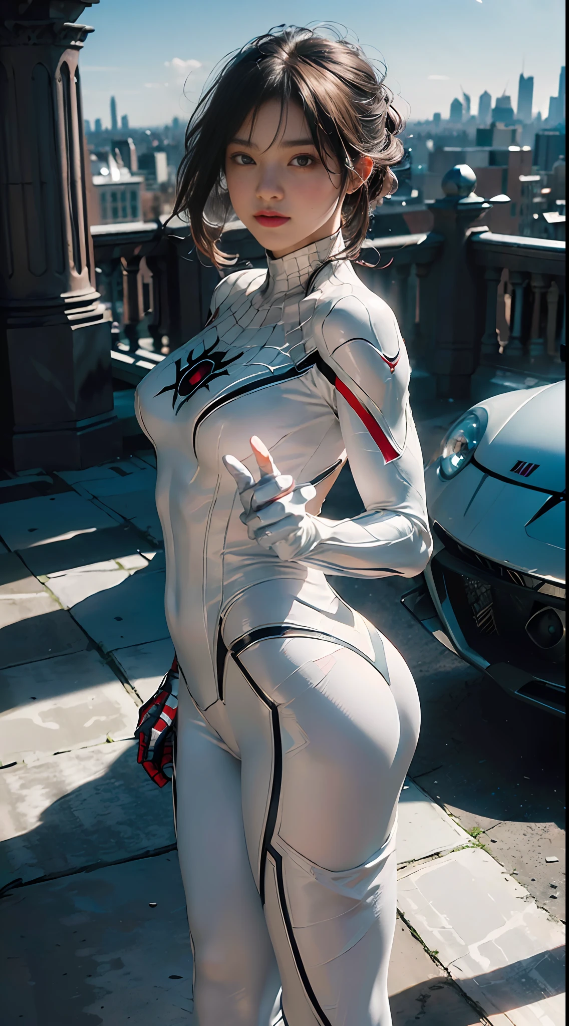 (Extreme Detail CG Unity 8K wallpaper, masterpiece, highest quality), (Exquisite lighting and shadow, highly dramatic graphics, Cinematic lens effect), (A girl in a white Spider-Man costume, from a parallel universe, city skyline in the background, dynamic pose), (excellent detail, outstanding lighting, wide angle), (excellent rendering, enough to stand out in its class)