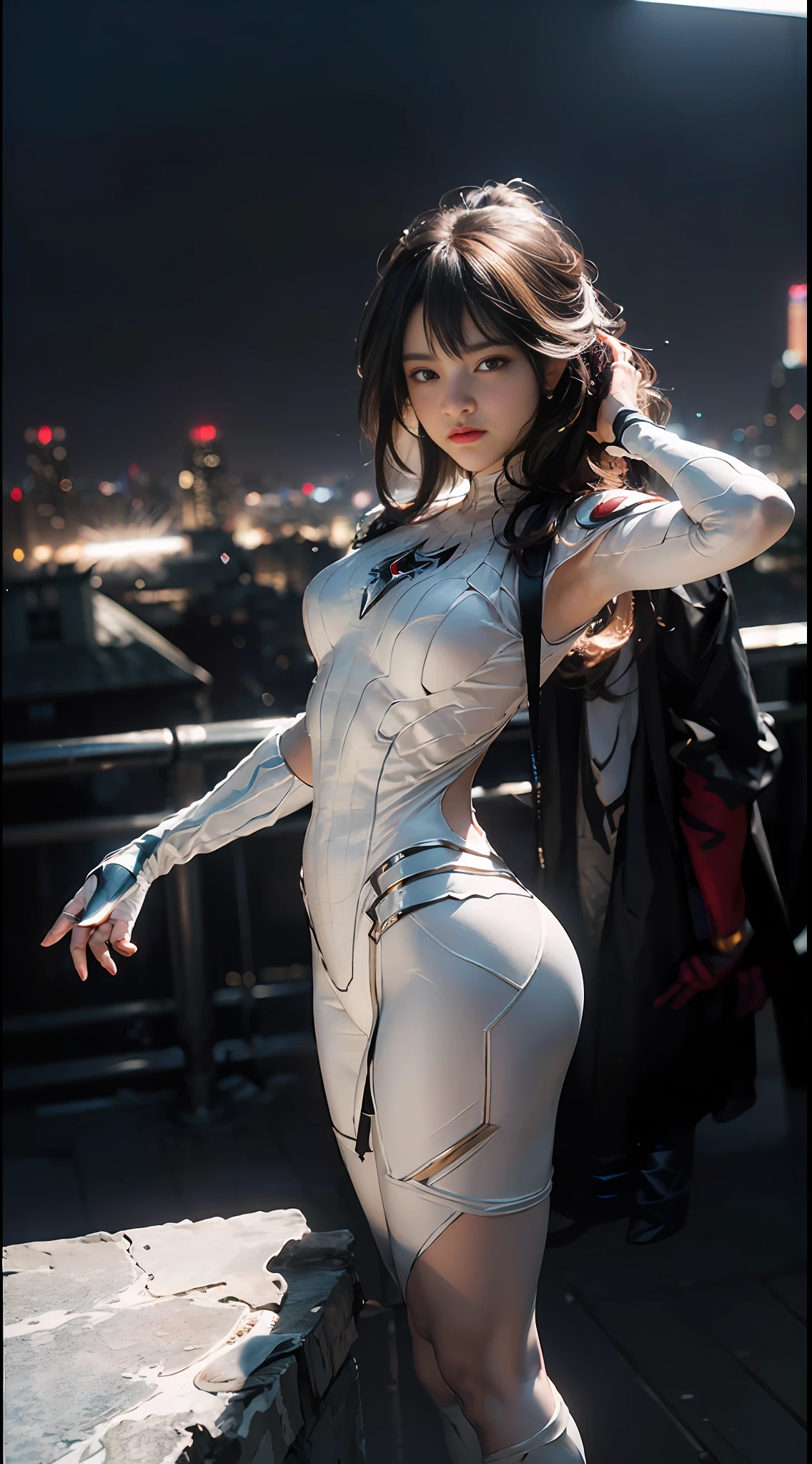 (Extreme Detail CG Unity 8K wallpaper, masterpiece, highest quality), (Exquisite lighting and shadow, highly dramatic graphics, Cinematic lens effect), (A girl in a white Spider-Man costume, from a parallel universe, city skyline in the background, dynamic pose), (excellent detail, outstanding lighting, wide angle), (excellent rendering, enough to stand out in its class)