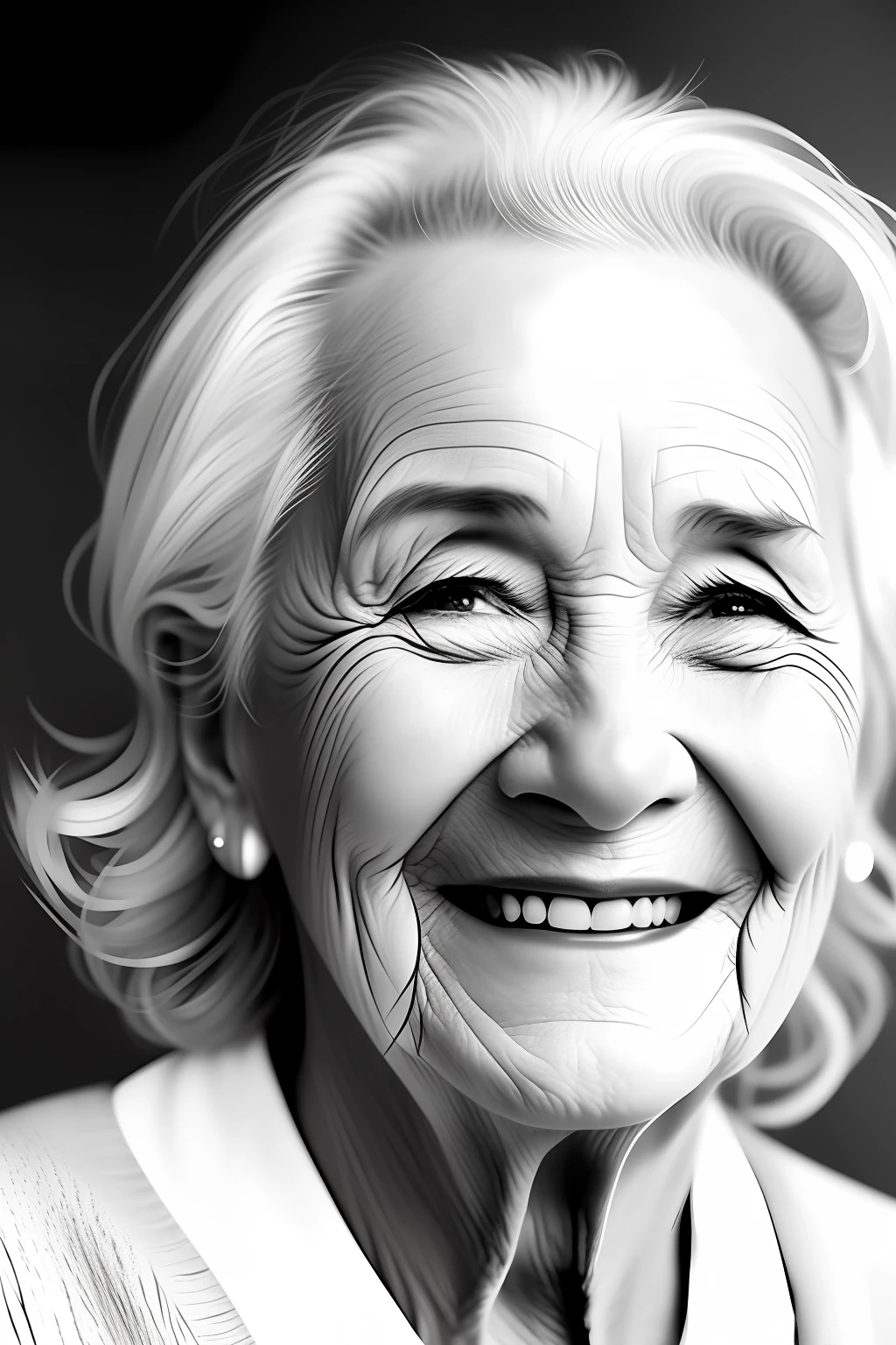 A realistic image of a tear running down an elderly face smiling