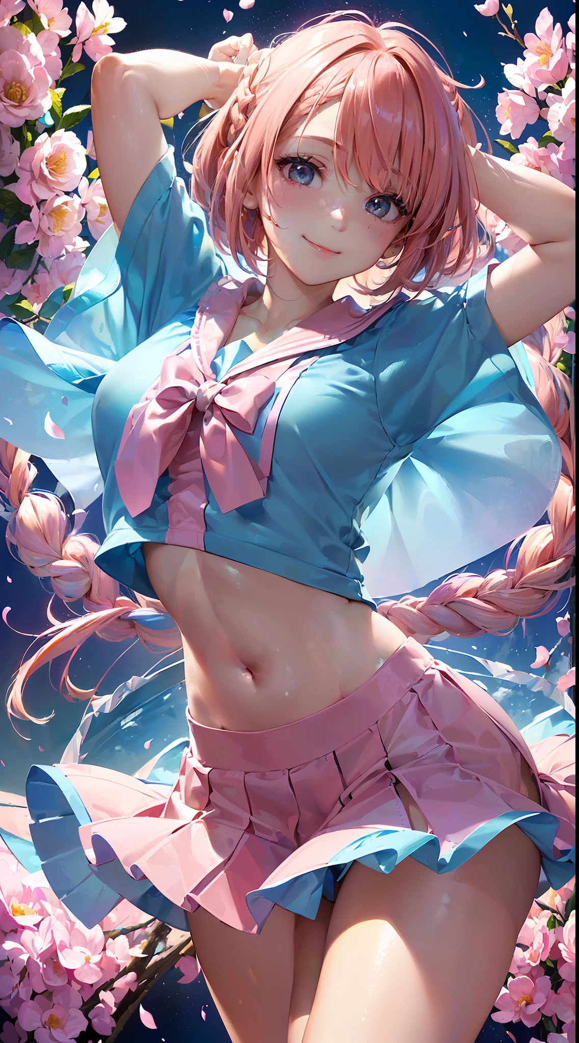 High resolution, ultra detail, ((((2D))), Japan person, 1 girl, 16 year old high school girl, (((pink with gradient hair)), intricate and beautiful braided hairstyle, cute pink short sleeve sailor suit, designer uniform, bob hair, dull bangs, finely detailed eyes, golden ratio face, 8 life, sunlight, complex iridescent light grains, complex light reflection, background blue sky, transparency, hidden beauty, smile, deep depiction, full body, full of energy, looking at the viewer, fantastic depiction, complex attraction, tenderness overflowing from within, neon, fine petals or dancing, discreet exposure of skin