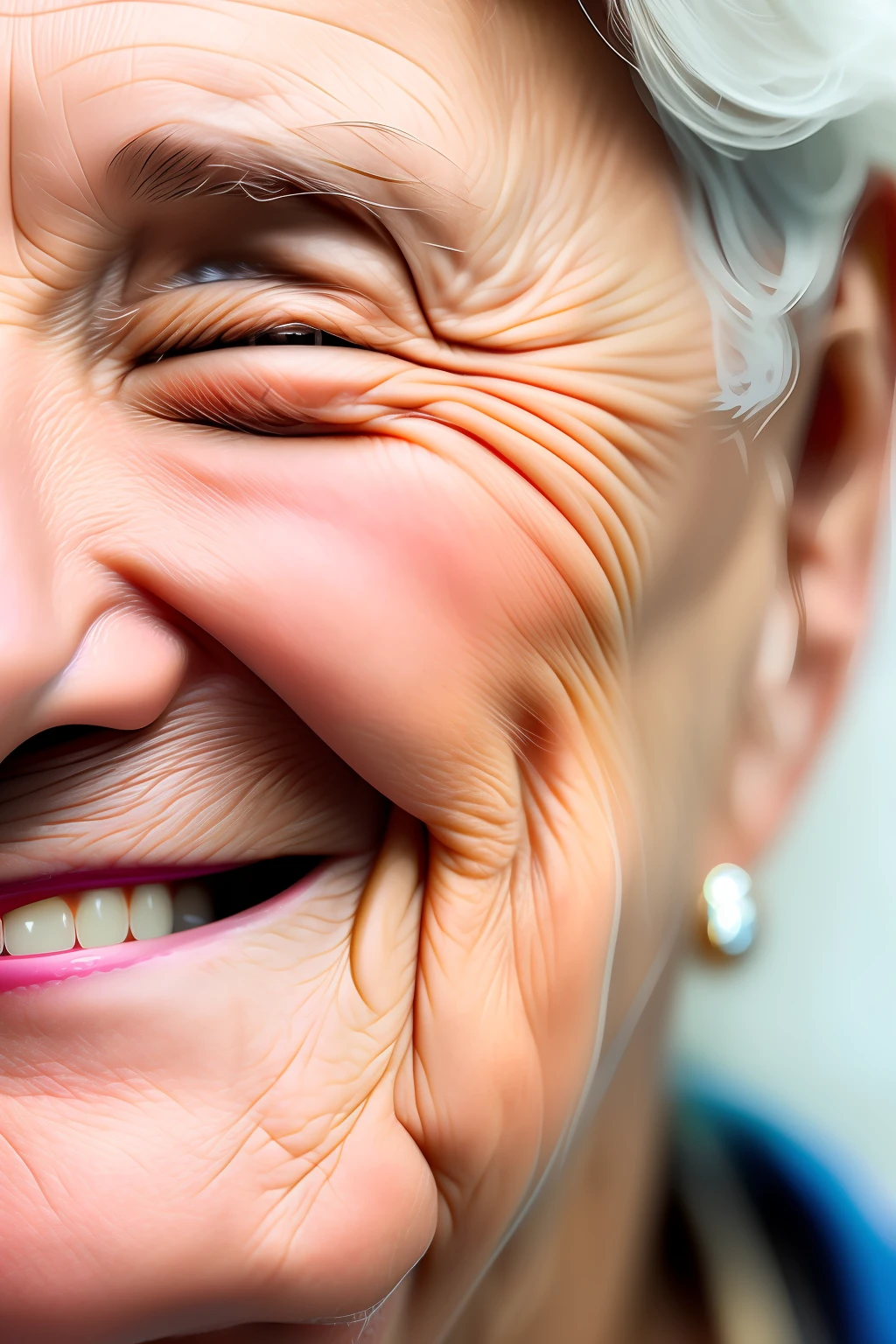 A realistic image of a tear running down an elderly face smiling