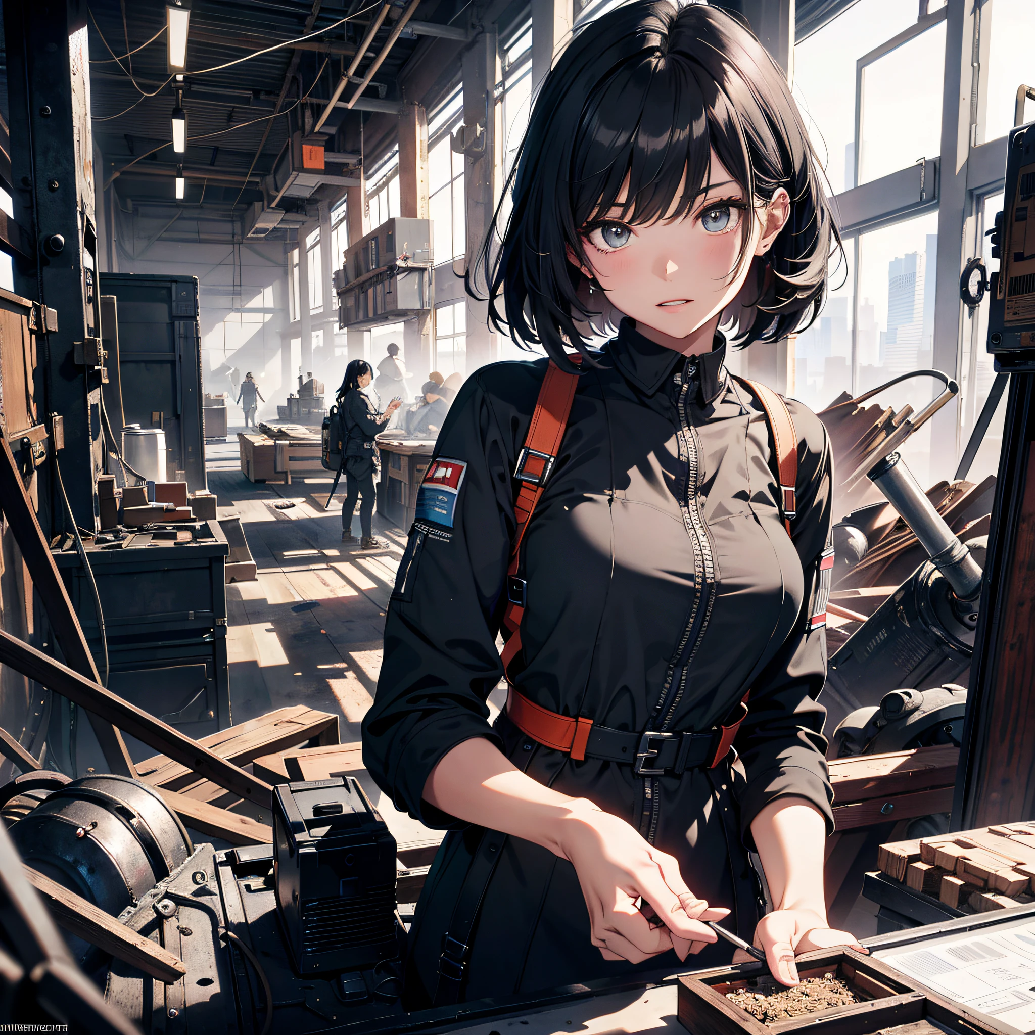 Absurd resolution, high resolution, (masterpiece: 1.4), hyper-detail, inside an abandoned factory, black-haired young woman dressed as a technician, very surprised and shocked expression, high-tech workbench, tech-sense screen, a lot of tech robotic arms