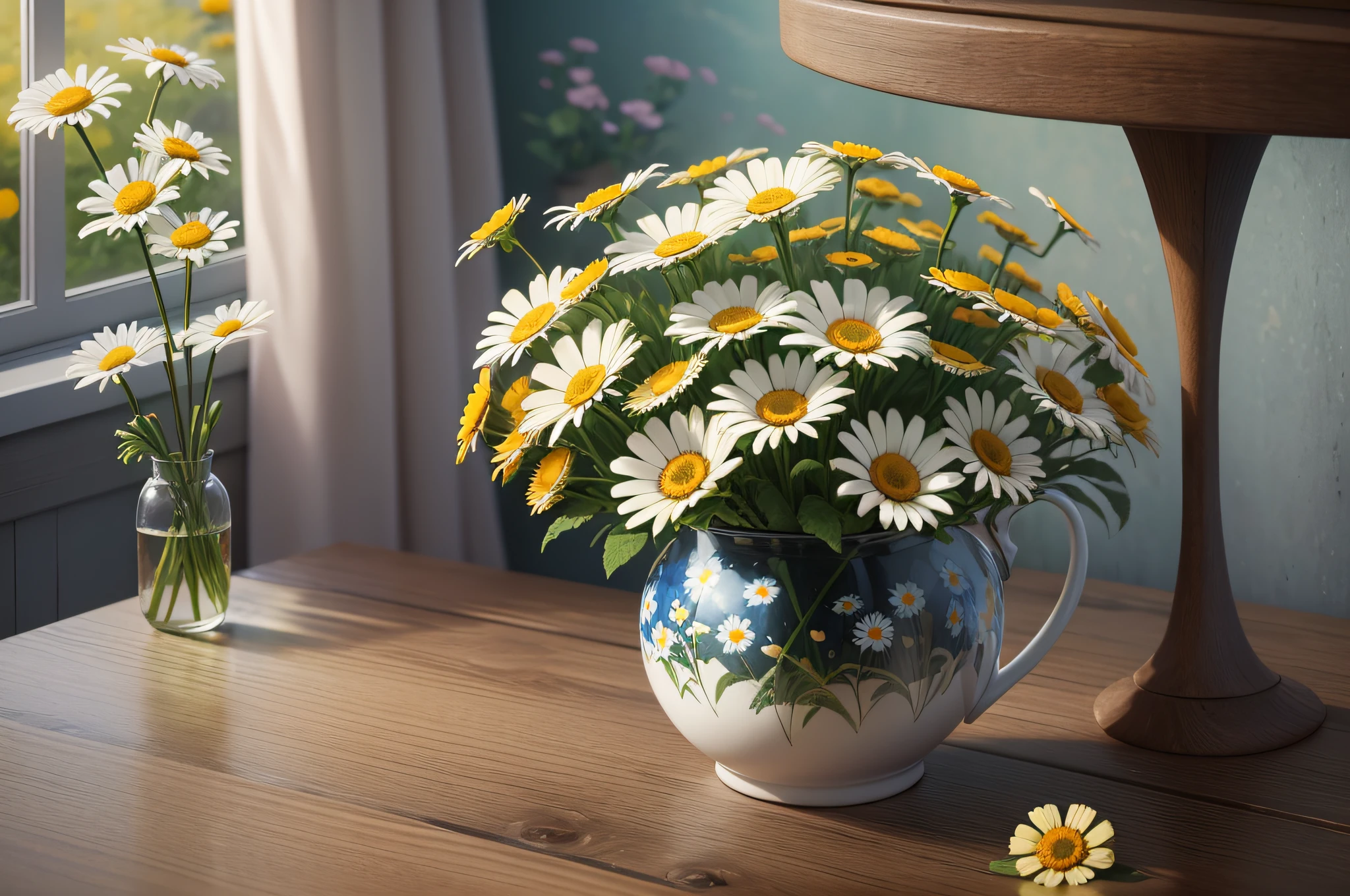 there is a cup of daisies on a wooden table, canvas print, in the morning, morning time, vase with flowers, chamomile, flowers background, cheerful atmosphere, early morning mood, flowers in background, cozy cafe background, beautiful flowers, early morning, bloom and flowers in background, springtime morning, awesome greate composition, highly detailed composition, photoreal render --auto --s2