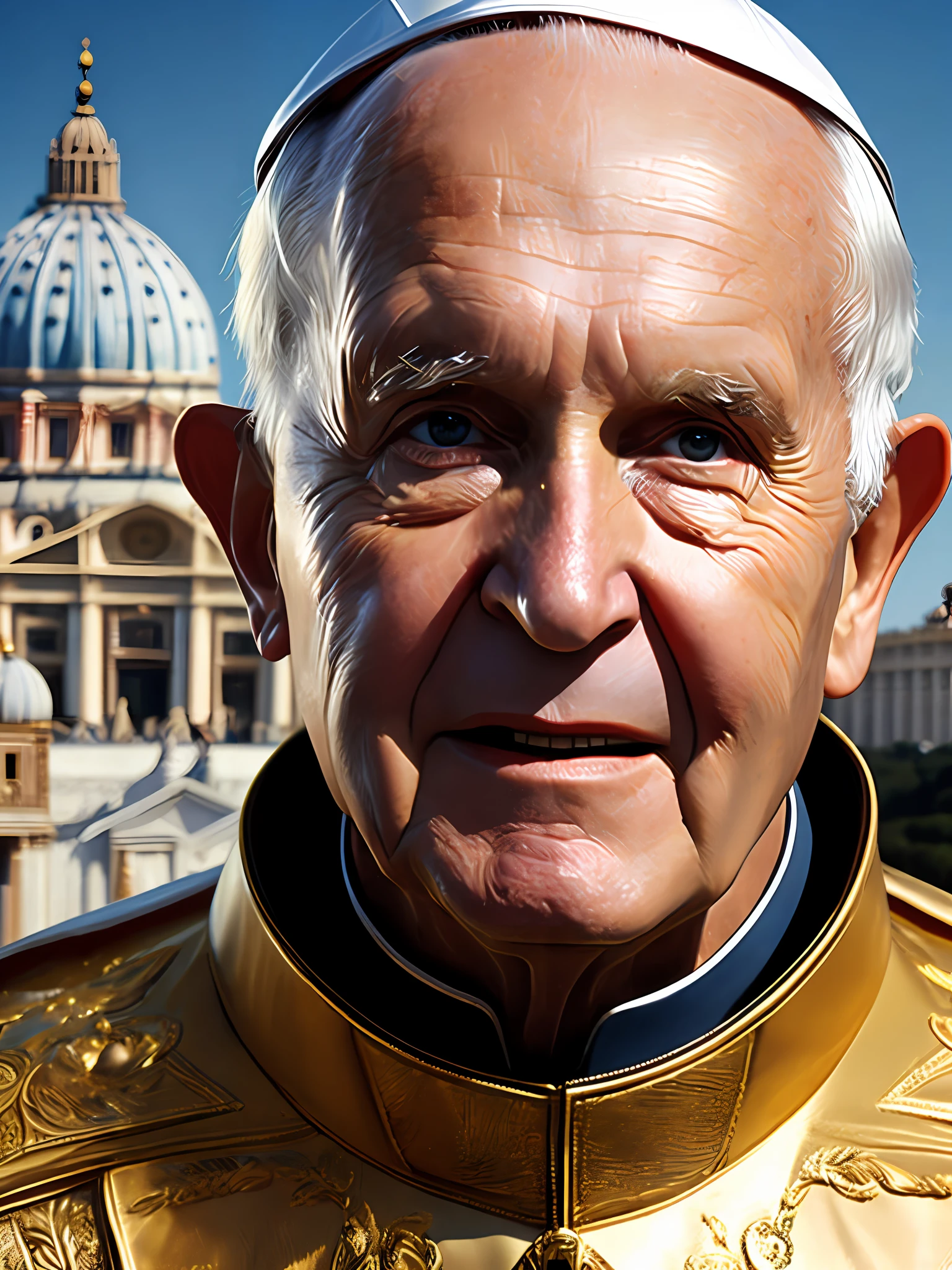 long-range photo of Pope John Paul II, wearing superhero uniform, (flying), film still, tight clothing, cover to the ground blowing in the wind, (flying high above Vatican), RAW photography of the highest quality, detailed background, intricate, exquisite details and textures, highly detailed, ultra detailed photography, warm lighting, art station, 4k, sharp focus, high resolution, detailed skin, detailed eyes, 8k uhd, dslr, high quality, grain film, phase one,