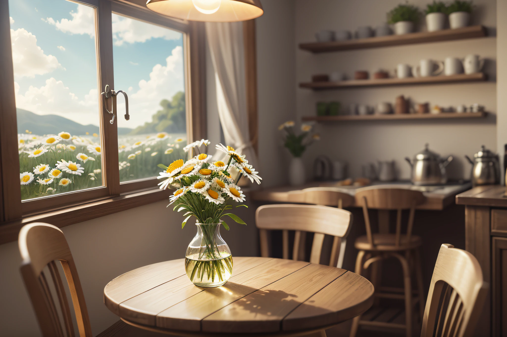 there is a cup of daisies on a wooden table, canvas print, in the morning, morning time, vase with flowers, chamomile, flowers background, cheerful atmosphere, early morning mood, flowers in background, cozy cafe background, beautiful flowers, early morning, bloom and flowers in background, springtime morning, awesome greate composition, highly detailed composition, photoreal render --auto --s2