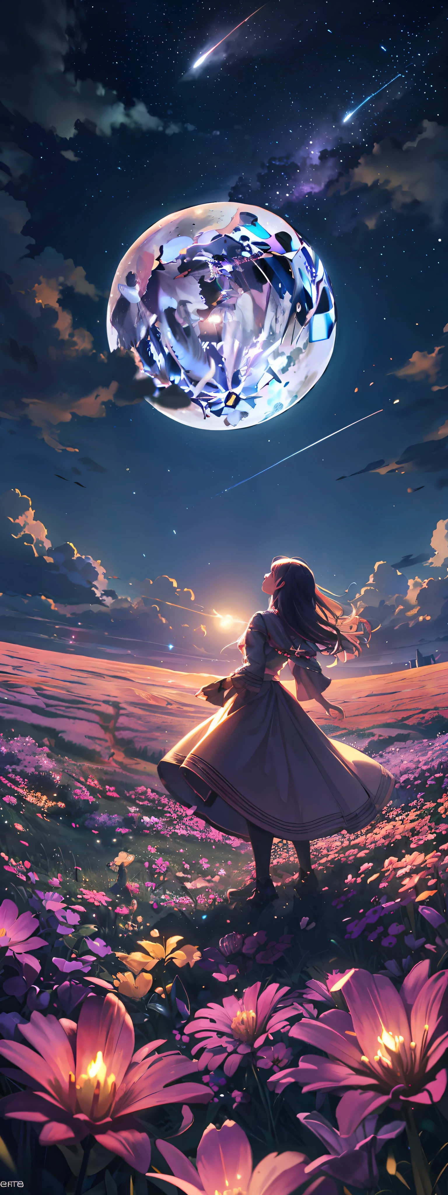 Vast landscape photo, (viewed from below, the sky is above and the open field is below), a girl standing on a flower field looking up, (full moon: 1.2), (meteor: 0.9), (nebula: 1.3), distant mountains , Trees BREAK Crafting Art, (Warm Light: 1.2), (Fireflies: 1.2), Lights, Lots of Purple and Orange, Intricate Details, Volumetric Lighting, Realism BREAK (Masterpiece: 1.2), (Best Quality), 4k, Ultra-Detailed, (Dynamic Composition: 1.4), Very Detailed, Colorful Details, (Rainbow Colors: 1.2), (Glow Lighting, Atmospheric Lighting), Dreamy, Magical, (Solo: 1.2)