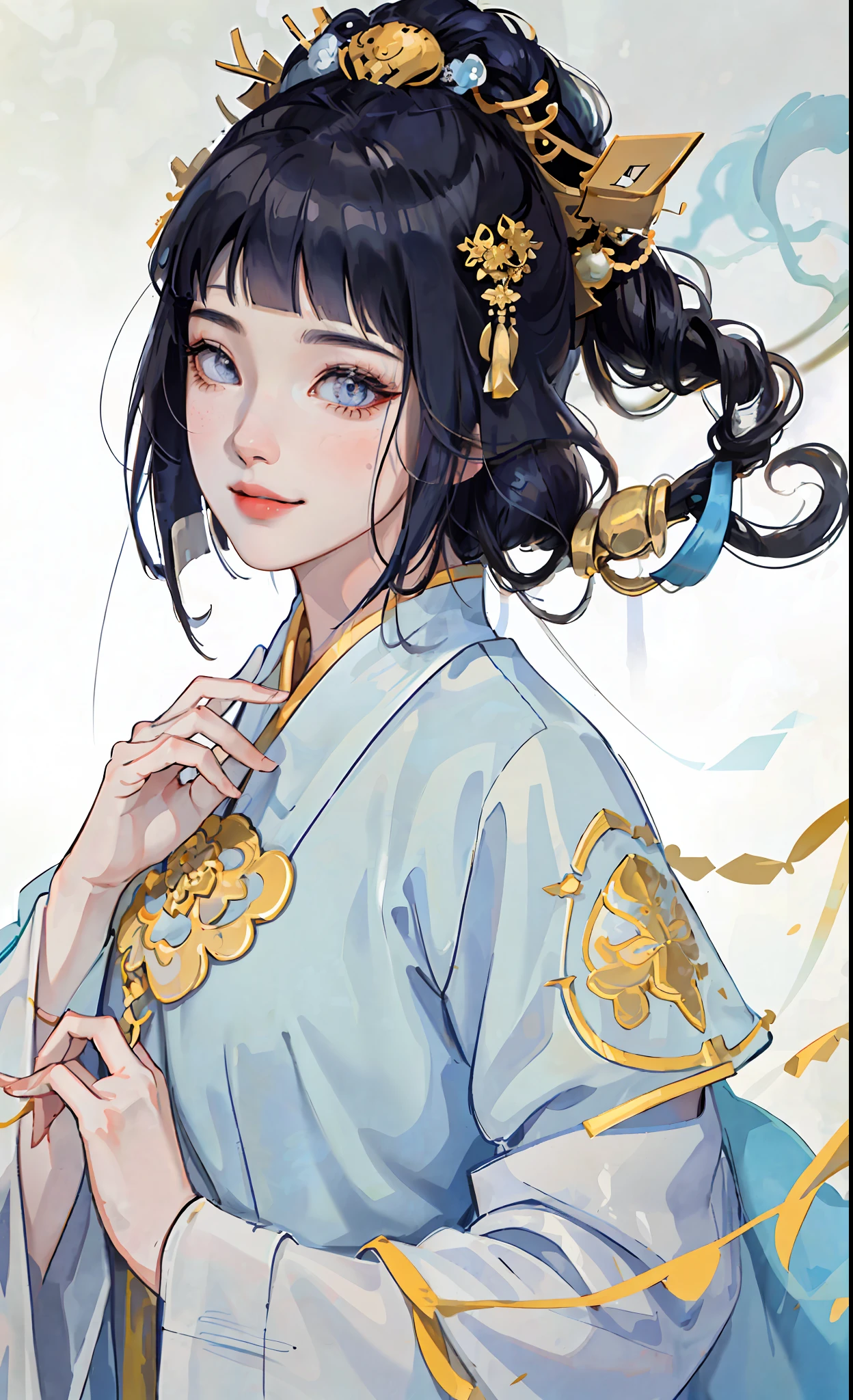 A girl, ancient Chinese costume, whole body, sunshine, clear face, clean white background, masterpiece, super detail, epic composition, ultra HD, high quality, extremely detailed, official art, uniform 8k wallpaper, super detail, 32k, ((blunt bangs)), extremely detailed character, detailed lips,  dark blue hair,  hinata/(boruto/),  smile