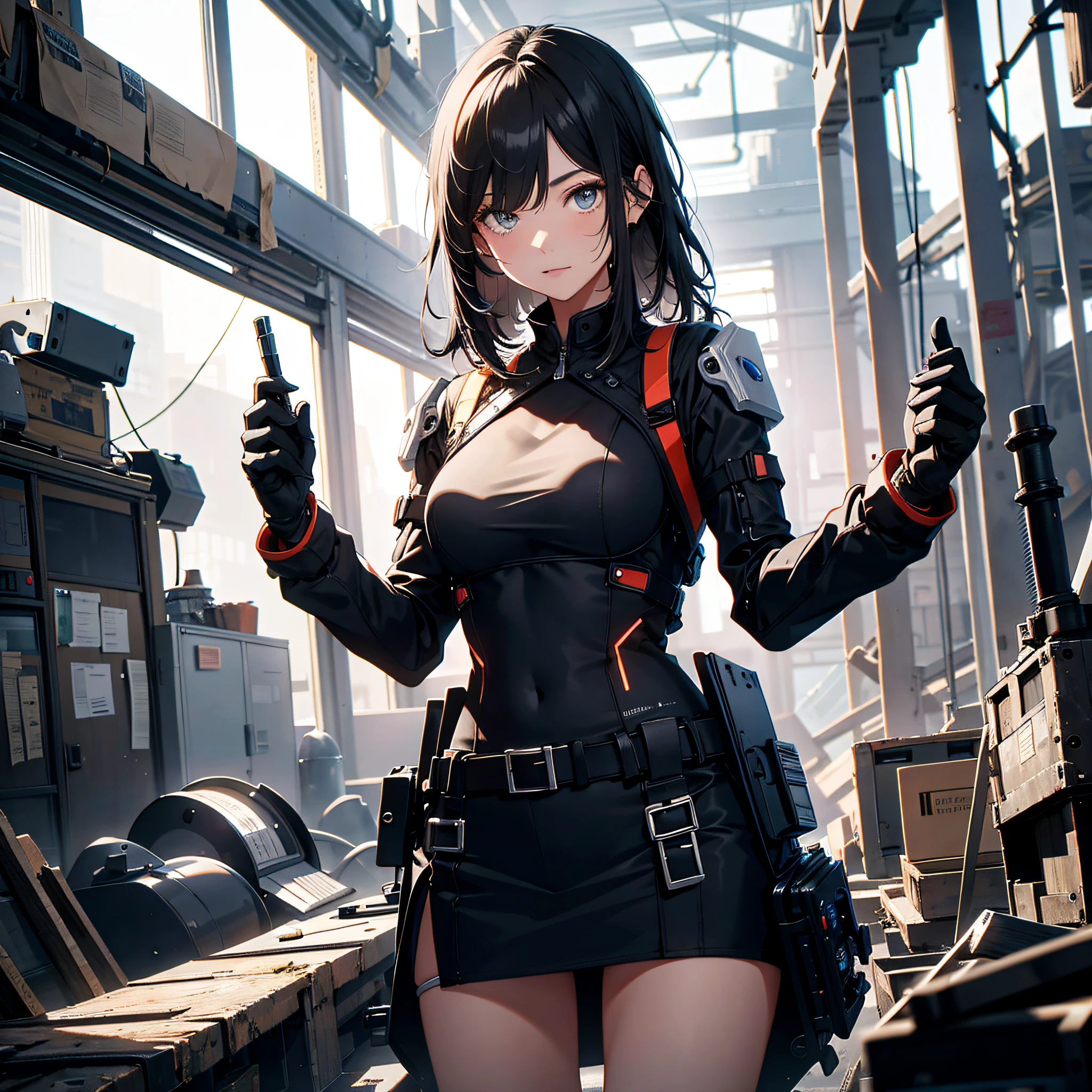 Absurd resolution, high resolution, (masterpiece: 1.4), hyper-detail, inside an abandoned factory, black-haired young woman dressed as a technician, very surprised and shocked expression, high-tech workbench, tech-sense screen, a lot of tech robotic arms