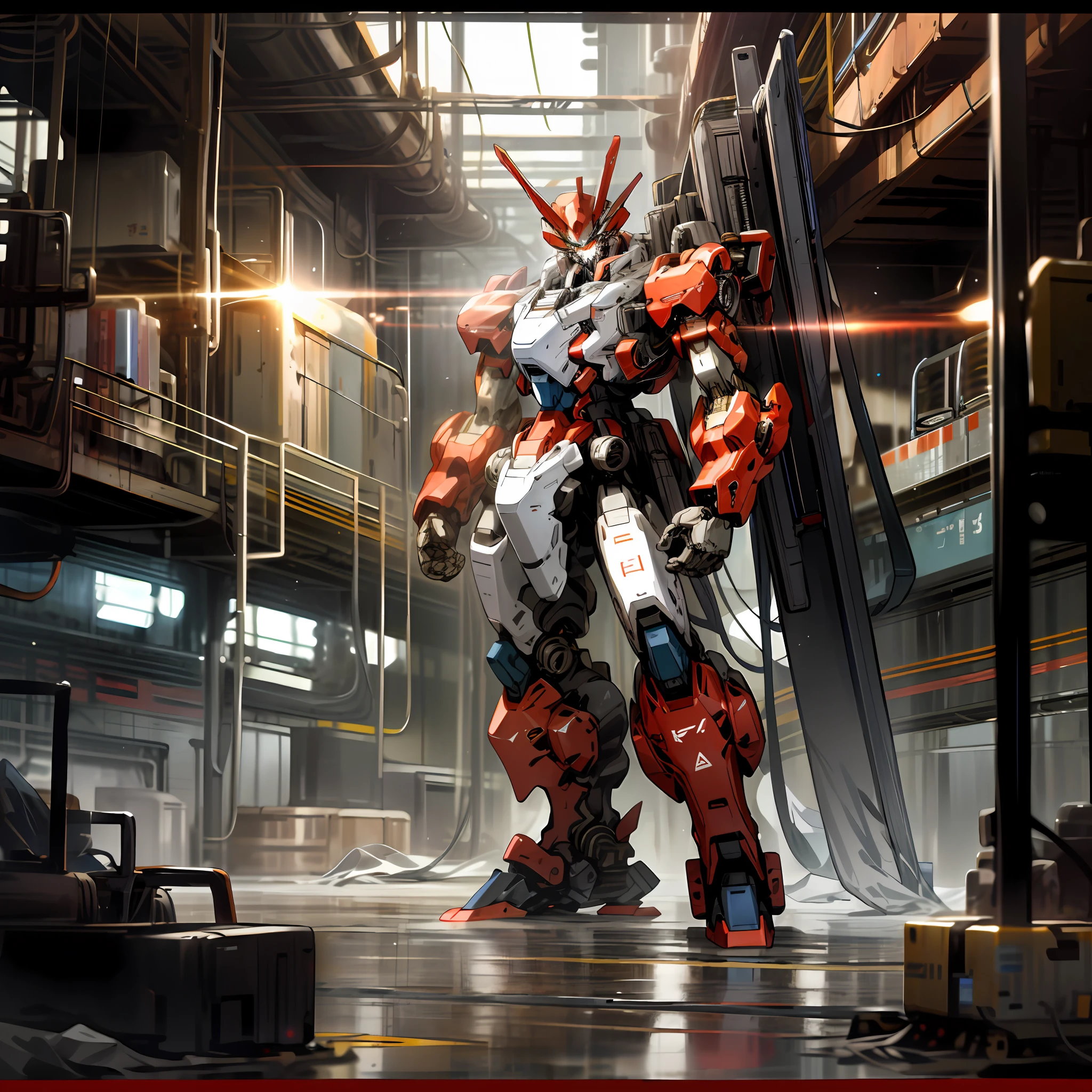 Red Mech, Blue Light, Mecha Manufacturing (Factory 1.5 in the background) (Hero Standing 1.5) (Vision 1.5) (Full Body Display 1.5)