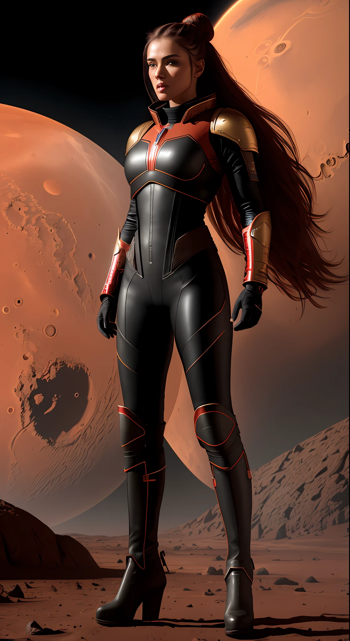 Beautiful female warrior of 20 years old, wearing tight red and black leather suit, long black leather high heel boots, holding long sword in the right hand, whole body from head to toe, on the Mars, ultra detailed face, topknot hair style, perfect body ratio, stars and nebular backgrounds, extraterrestrial, celestial, Martian, Cosmic, galactic,surface of Mars, hyperrealistic, chiaroscuro, volumetric lighting, ultra detailed, masterpiece, photorealistic, perfect contrast, perfect lighting, 8k resolution)