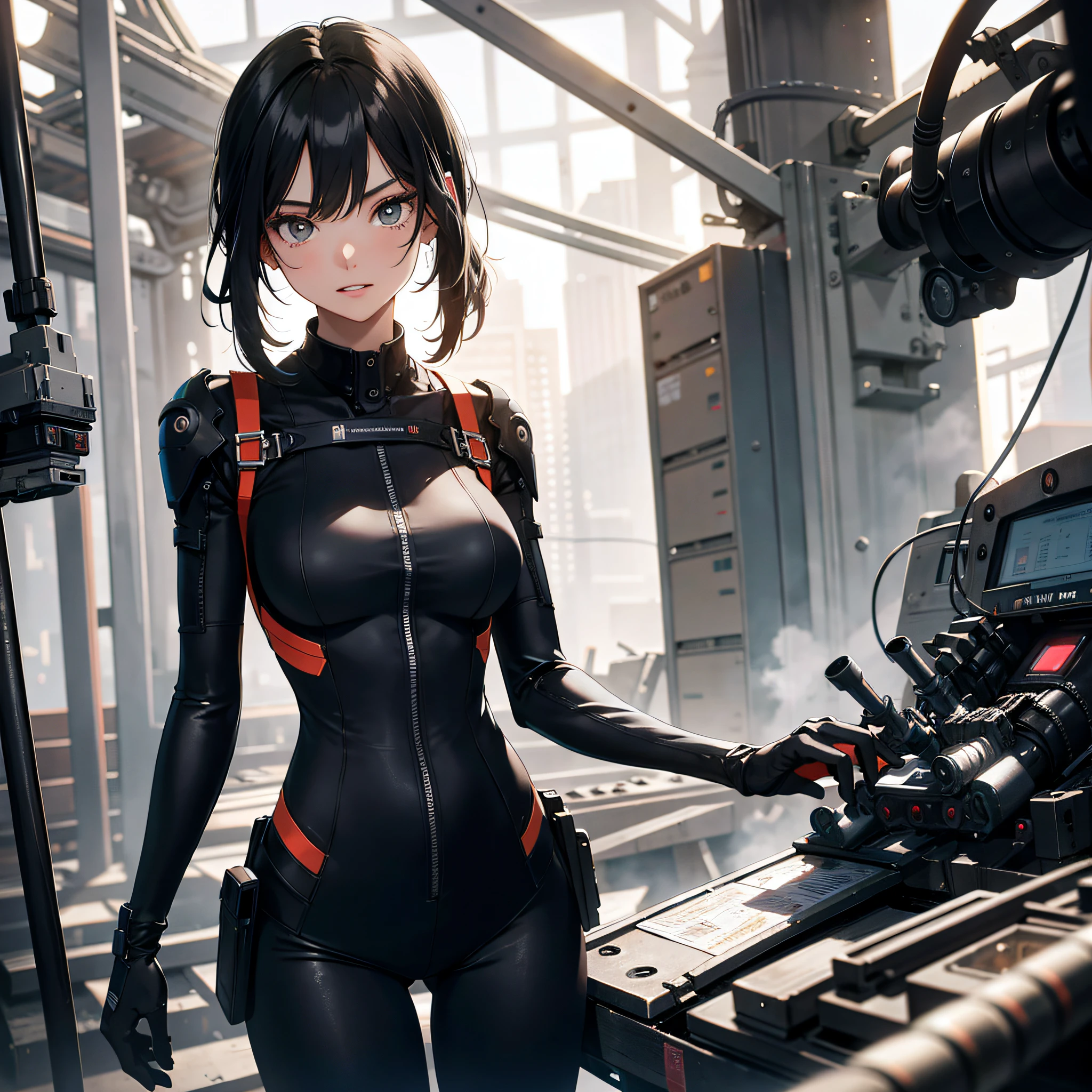 Absurd resolution, high resolution, (masterpiece: 1.4), hyper-detail, inside an abandoned factory, black-haired young woman dressed as a technician, very surprised and shocked expression, high-tech workbench, tech-sense screen, a lot of tech robotic arms