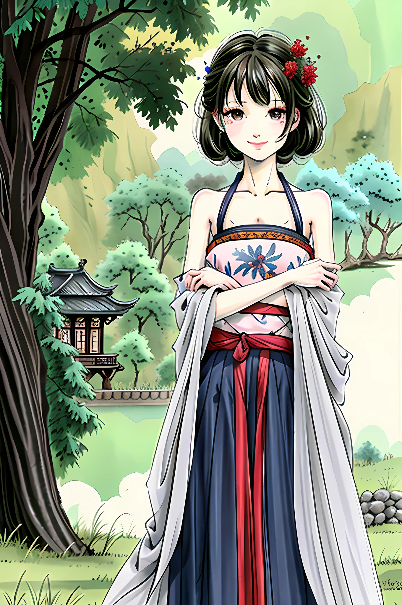 (masterpiece),best quality,good anatomy, shuimobysim,(1 girl:1), (upper body),(smile),short hair,(hanfu),(ecchi0.5), (trees:0.5), (flowers:0.6) ,(wooden house:0.2),(bamboo forest:0.2),(creek:0.2),(river:0.2),